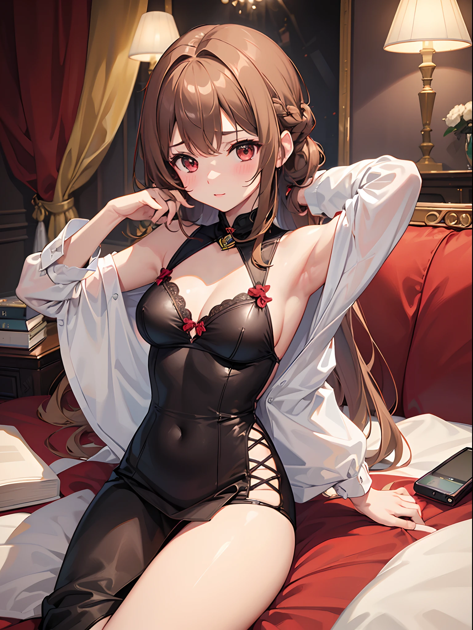 ((4K, master piece, Best Quality)), 1girl in, Light brown SHRT hair, Red Eyes, center parted hair, medium breasts, Cute, blush, Underwear is visible, roomwear