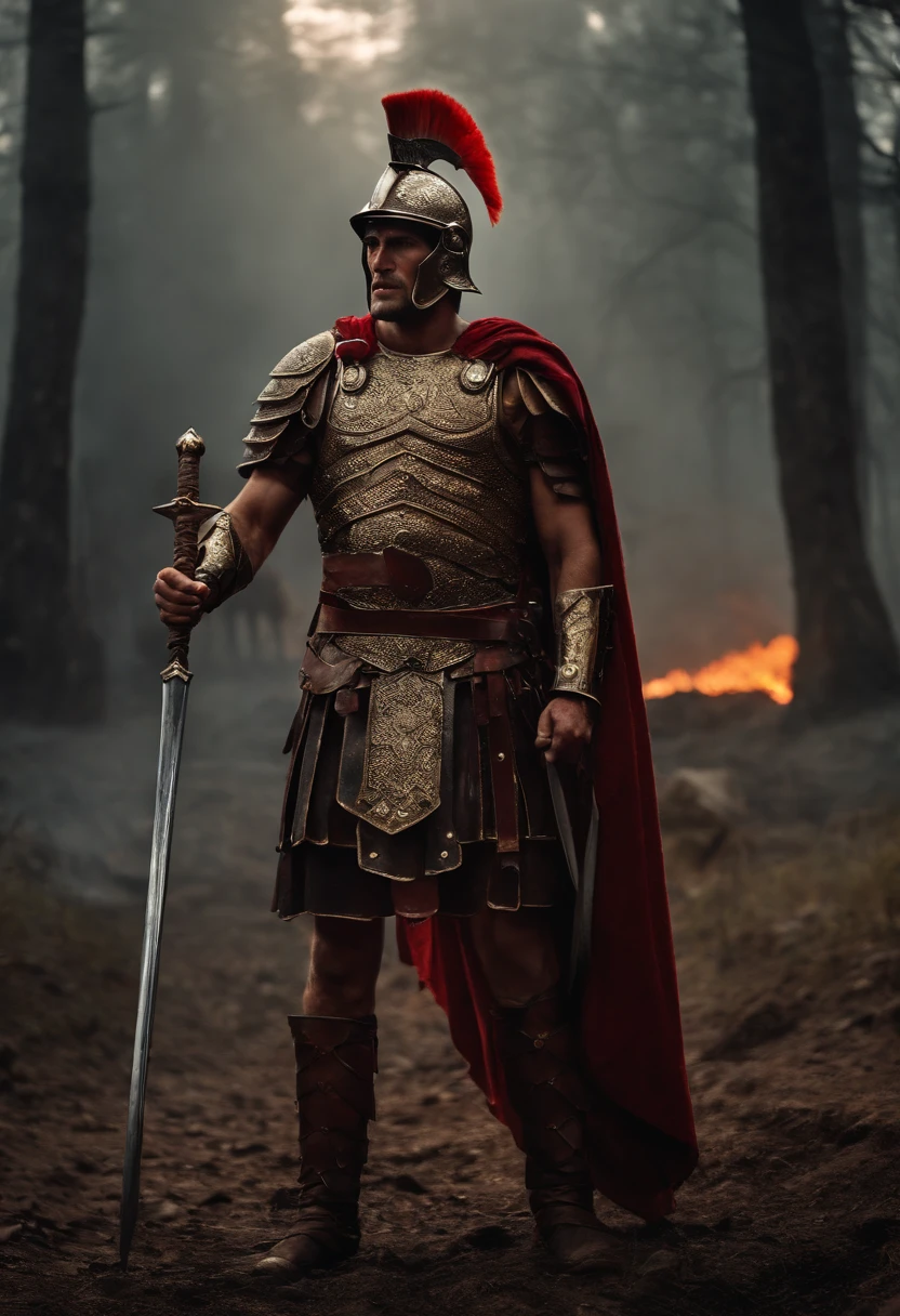 Roman warrior, dying , bloody armor, on battlefield, standing with a spear, epic, 8k, he is holding hellma in his hand,