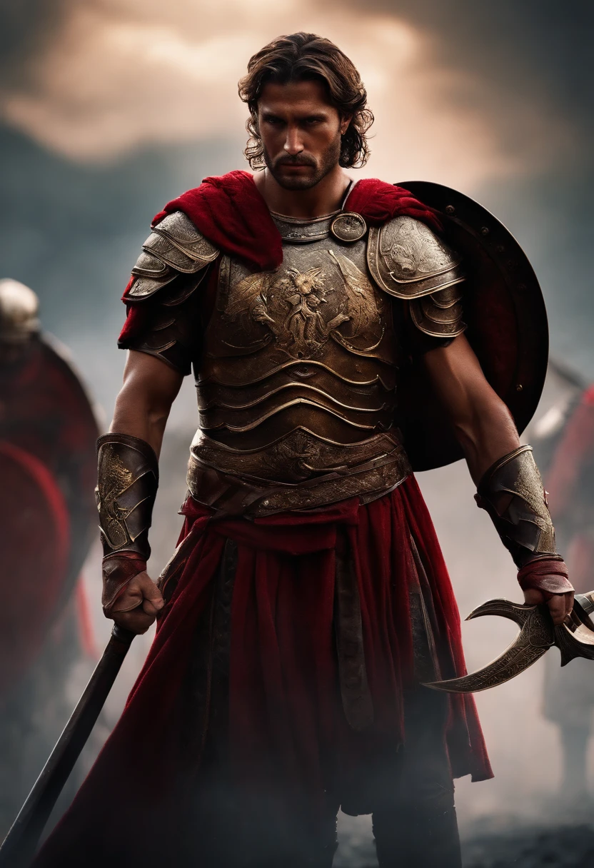 Roman warrior, dying , bloody armor, on battlefield, standing with a spear, epic, 8k, he is holding hellma in his hand,