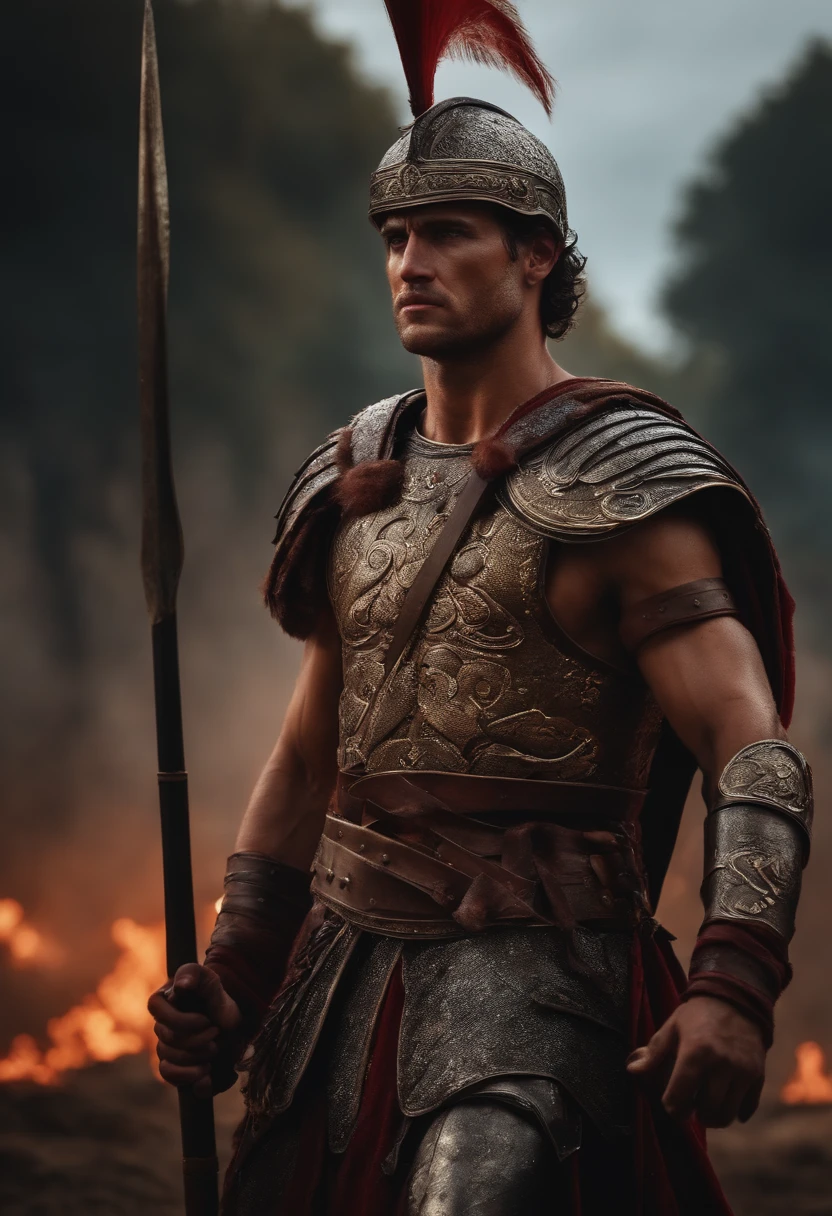 The ancient Greek fighter wounded, one arrow is shot on his arm, blood spilling, battlefield, gore, horror, in background dead soldiers, fire everywhere, cinematic
