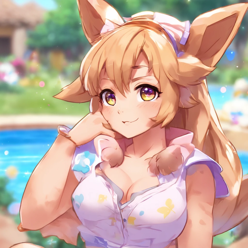Eevee, (feral:1.6), hires, ((female focus)), (nintendo, pokemon), blushing, masterpiece, best quality, by zinfyu, detailed background, purple eyes, (petite:1.3), aroused expression, small butt, butt pose, poolside, white panties, (pussy juice stain)