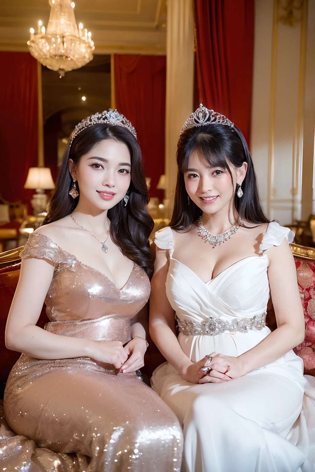 ((((Two Japan Princesses,16-year-old daughter and 55-year-old mother,mother daughter,Mother is 55 years old,My daughter is in the second trimester,Mother is not pregnant,Mother has a slender belly,Only the daughter is pregnant,Only the daughter has a big stomach,Photograph their faces in detail)))),((Elegant and beautiful dresses,Elegant décor,Diamond Decoration,Shining giant tiara,Big necklace,artistic décor,Princess Dresses,Jeweled dresses,Dresses with a large amount of jewelry,Luxurious necklace,Luxury beyond imagination,The most gorgeous decorations in the world, ),((,Expensive VIP room in a gorgeous royal family,Princess Room,The most gorgeous room,Two people sitting side by side on the king's big sofa,Sitting on the most gorgeous sofa,Everything is a gorgeous background,The most gorgeous decorations in the world,The most realistic and complex backgrounds,the complex background,Highly detailed and realistic backgrounds)),(((See the perfect camera here,Looking at the camera,Big smile,Clean teeth,perfect teeth,White teeth,finerly detailed face,Quality and beautiful face,Clear and beautiful face,Perfect gas chamber,Perfect fingers,Perfect hands,Accurate 5 fingers)),Top image quality,8K,SLR Camera Photography,professional photograpy,Realistic quality