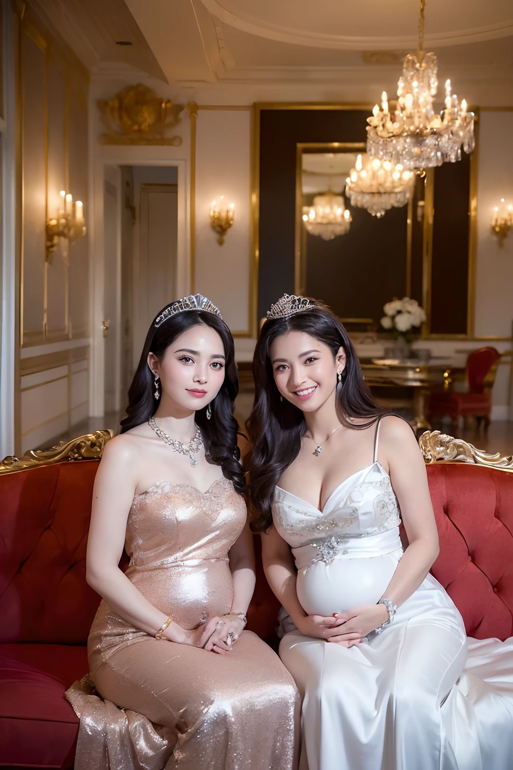 ((((Two Japan Princesses,-yeld dater and 55-year-old mother,mother daughter,Mother is 55 years old,My daughter is in the second trimester,Mother is not pregnant,Mother has a slender belly,Only the daughter is pregnant,Only the daughter has a big stomach,Photograph their faces in detail)))),((Elegant and beautiful dresses,Elegant décor,Diamond Decoration,Shining giant tiara,Big necklace,artistic décor,Princess Dresses,Jeweled dresses,Dresses with a large amount of jewelry,Luxurious necklace,Luxury beyond imagination,The most gorgeous decorations in the world, ),((,Expensive VIP room in a gorgeous royal family,Princess Room,The most gorgeous room,Two people sitting side by side on the king's big sofa,Sitting on the most gorgeous sofa,Everything is a gorgeous background,The most gorgeous decorations in the world,The most realistic and complex backgrounds,the complex background,Highly detailed and realistic backgrounds)),(((See the perfect camera here,Looking at the camera,Big smile,Clean teeth,perfect teeth,White teeth,finerly detailed face,Quality and beautiful face,Clear and beautiful face,Perfect gas chamber,Perfect fingers,Perfect hands,Accurate 5 fingers)),Top image quality,8K,SLR Camera Photography,professional photograpy,Realistic quality