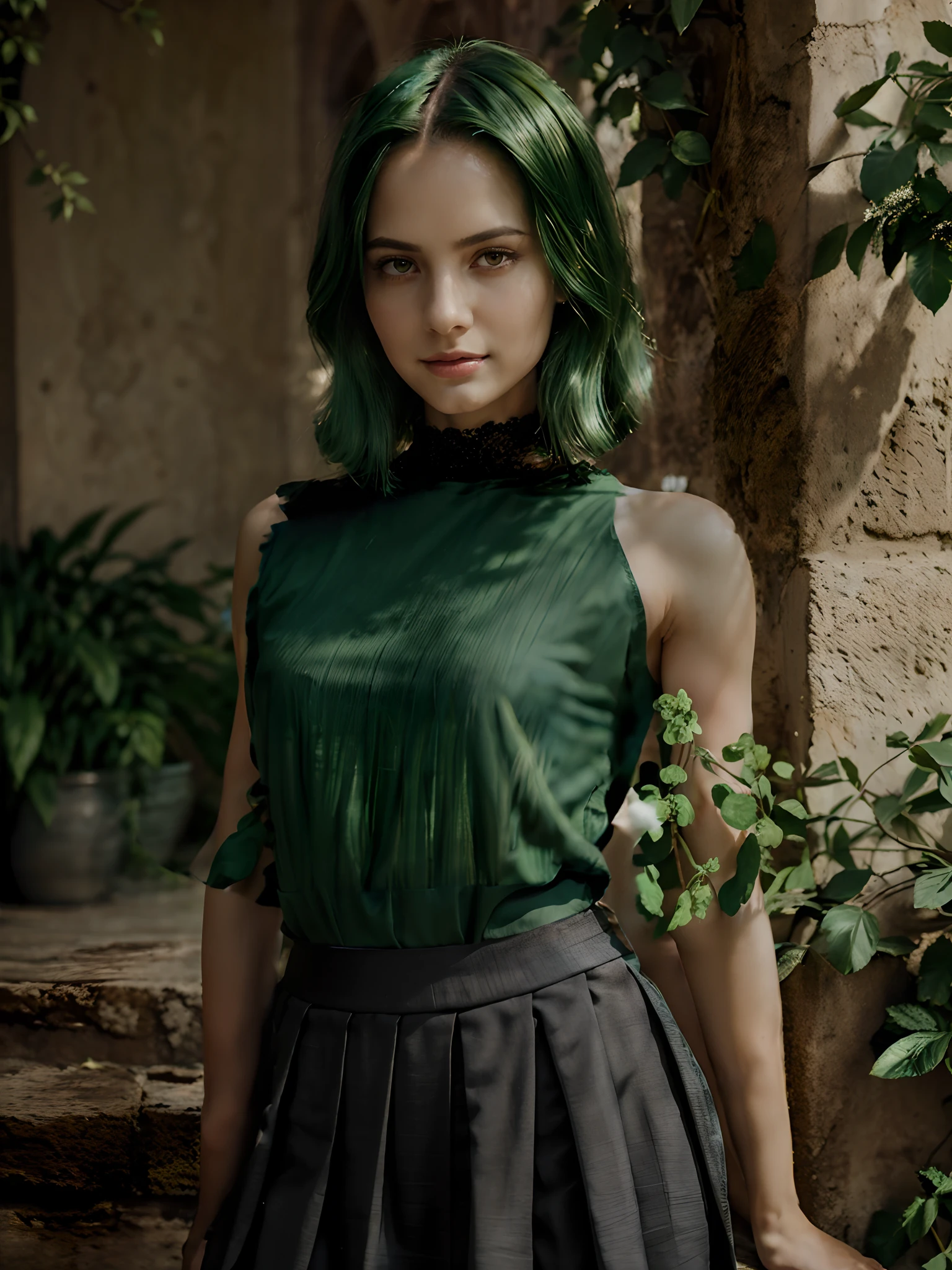 (bare shoulders, sleeveless, high detailed skin, feminine arms), masterpiece:1.2, realistic, vibrant colors, soft lighting, oil painting, garden setting, flowing summer dress, gentle breeze, lush greenery, sun-kissed atmosphere, enchanting flowers, delicate gestures, graceful posture, serene expression.