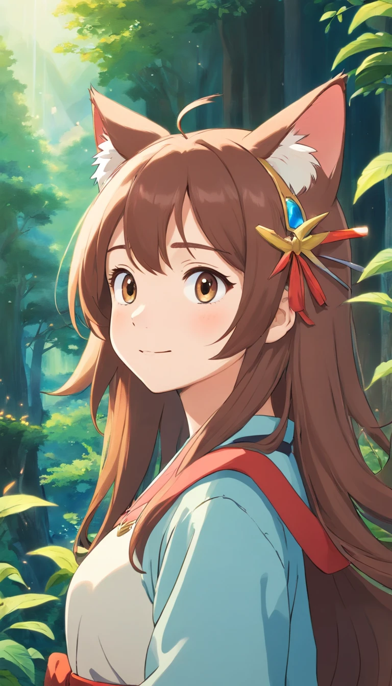 cat ear，Chestnut hair，Kokemomono crown，femele，Soft light，without background，Gentle woman，a smile，iPad，I love chemistry，I love space，Icon image，aquarelle，Chibi