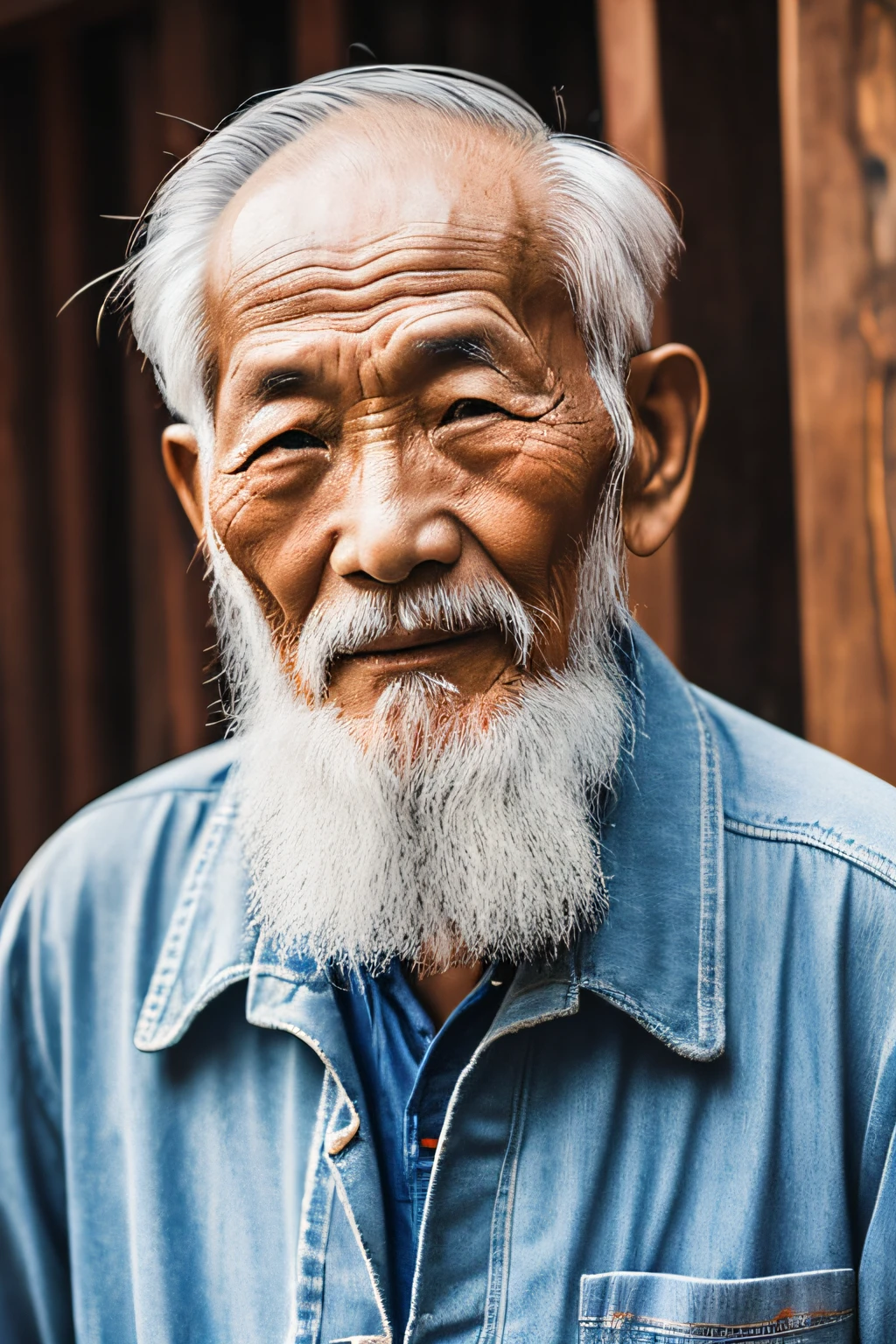 An old man with traditional Chinese thinking,Real frontal photos,Authentic background,The background is nature,holding books,worn-out clothing,Face full of wrinkles,80 years old Chinese medicine practitioner,Wise eyes,The beard is white,male people,country style,Leave the top of your head empty