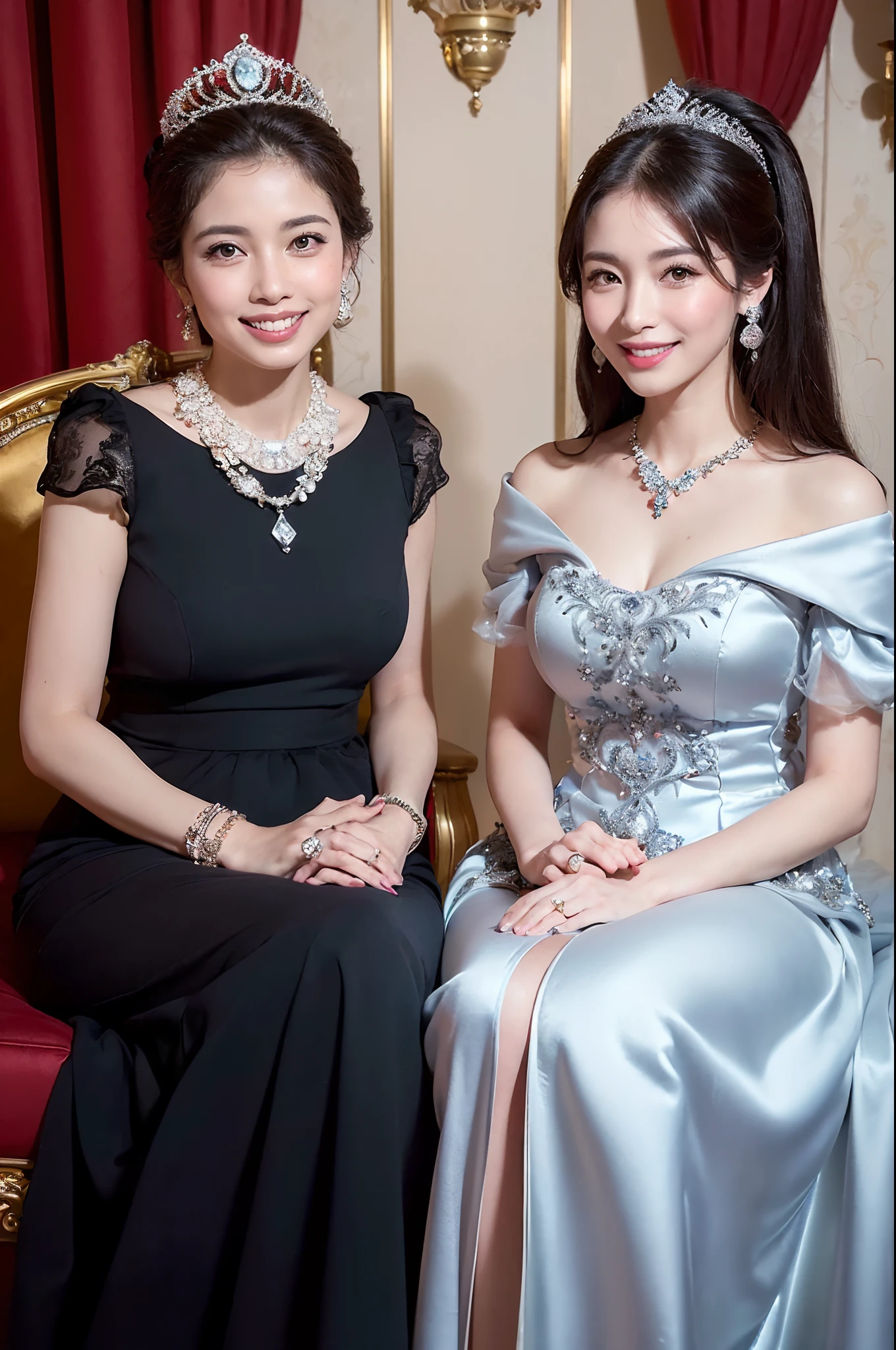 ((((Two Japan Princesses,16-year-old daughter and 55-year-old mother,mother daughter,Mother is 55 years old,My daughter is in the second trimester,Mother is not pregnant,Mother has a slender belly,Only the daughter is pregnant,Only the daughter has a big stomach,Photograph their faces in detail)))),((Elegant and beautiful dresses,Elegant décor,Diamond Decoration,Shining giant tiara,Big necklace,artistic décor,Princess Dresses,Jeweled dresses,Dresses with a large amount of jewelry,Luxurious necklace,Luxury beyond imagination,The most gorgeous decorations in the world, ),((,Expensive VIP room in a gorgeous royal family,Princess Room,The most gorgeous room,Two people sitting side by side on the king's big sofa,Sitting on the most gorgeous sofa,Everything is a gorgeous background,The most gorgeous decorations in the world,The most realistic and complex backgrounds,the complex background,Highly detailed and realistic backgrounds)),(((See the perfect camera here,Looking at the camera,Big smile,Clean teeth,perfect teeth,White teeth,finerly detailed face,Quality and beautiful face,Clear and beautiful face,Perfect gas chamber,Perfect fingers,Perfect hands,Accurate 5 fingers)),Top image quality,8K,SLR Camera Photography,professional photograpy,Realistic quality