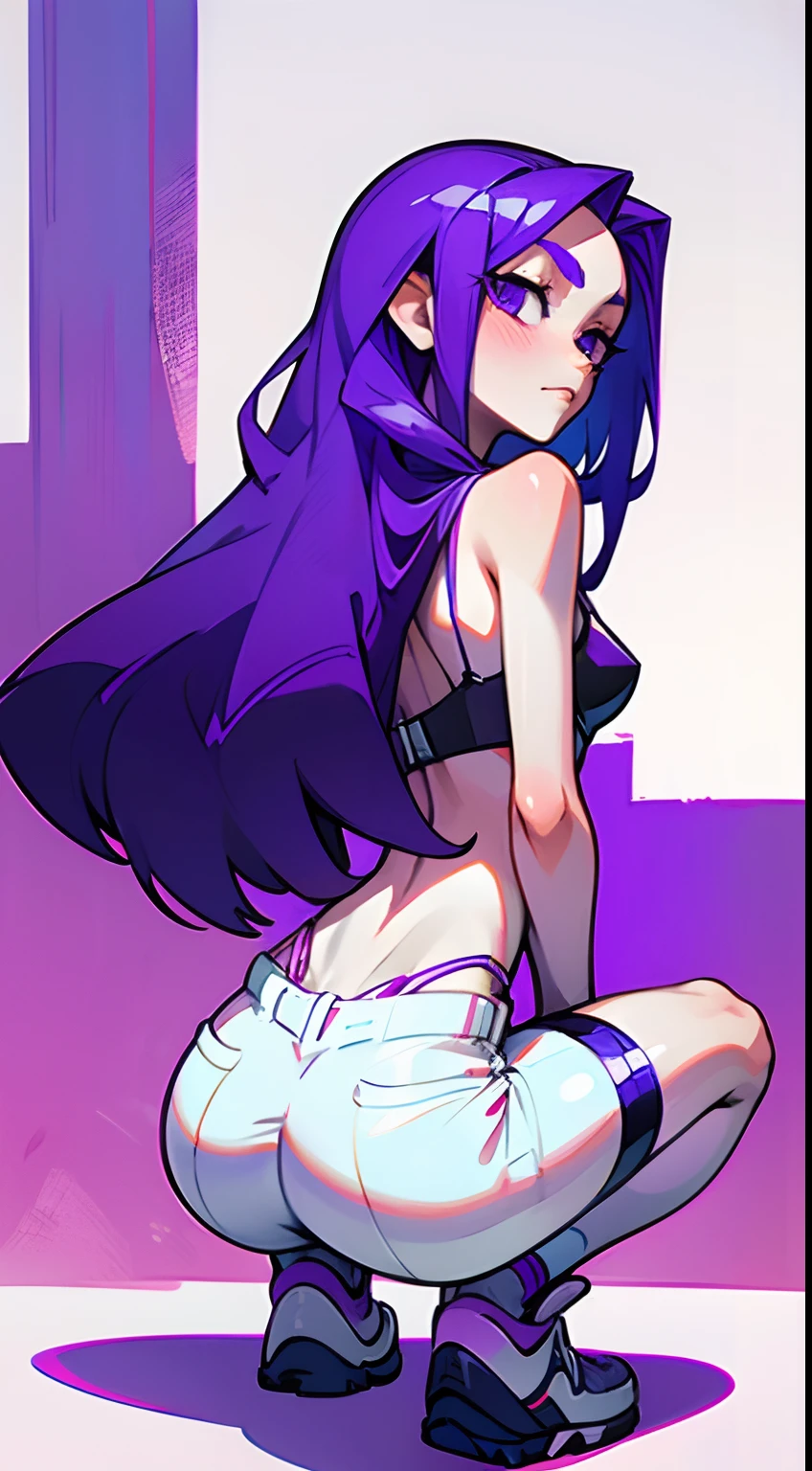 Girl with long thin purple hair, White Skin Skin, Vysokoch, Skinny, beatiful face, sharp facial features, little chest, In leather shorts and bra, white sneakers, Squatting, spreads the legs, seen from behind,