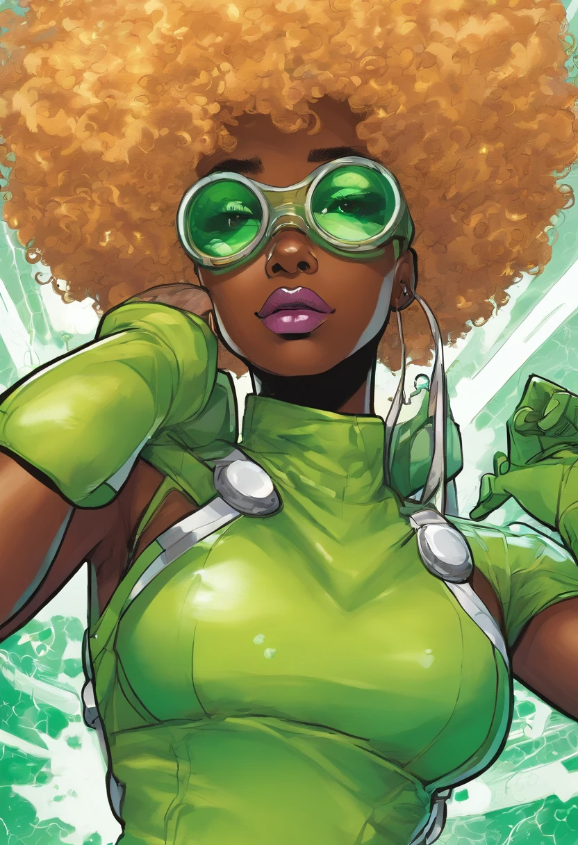 A dark brown skinned girl with (white) curly afro in a green electric hero suit and green face mask over her eyes with toxic green eyes and vitligo spots, she's in a cartoon hero style