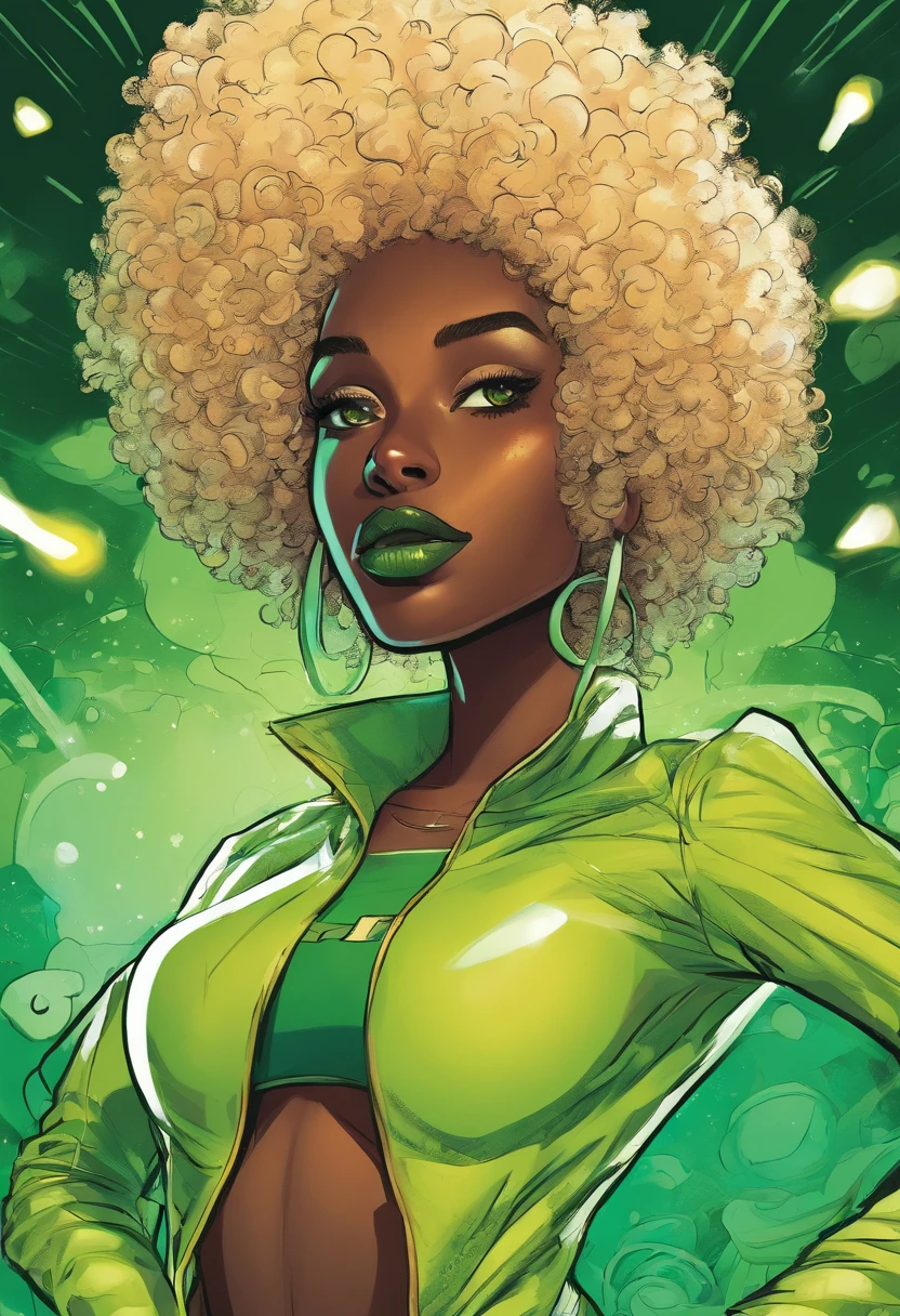 A dark brown skinned girl with (white) curly afro in a green electric hero suit and green face mask over her eyes with toxic green eyes and vitligo spots, she's in a cartoon hero style