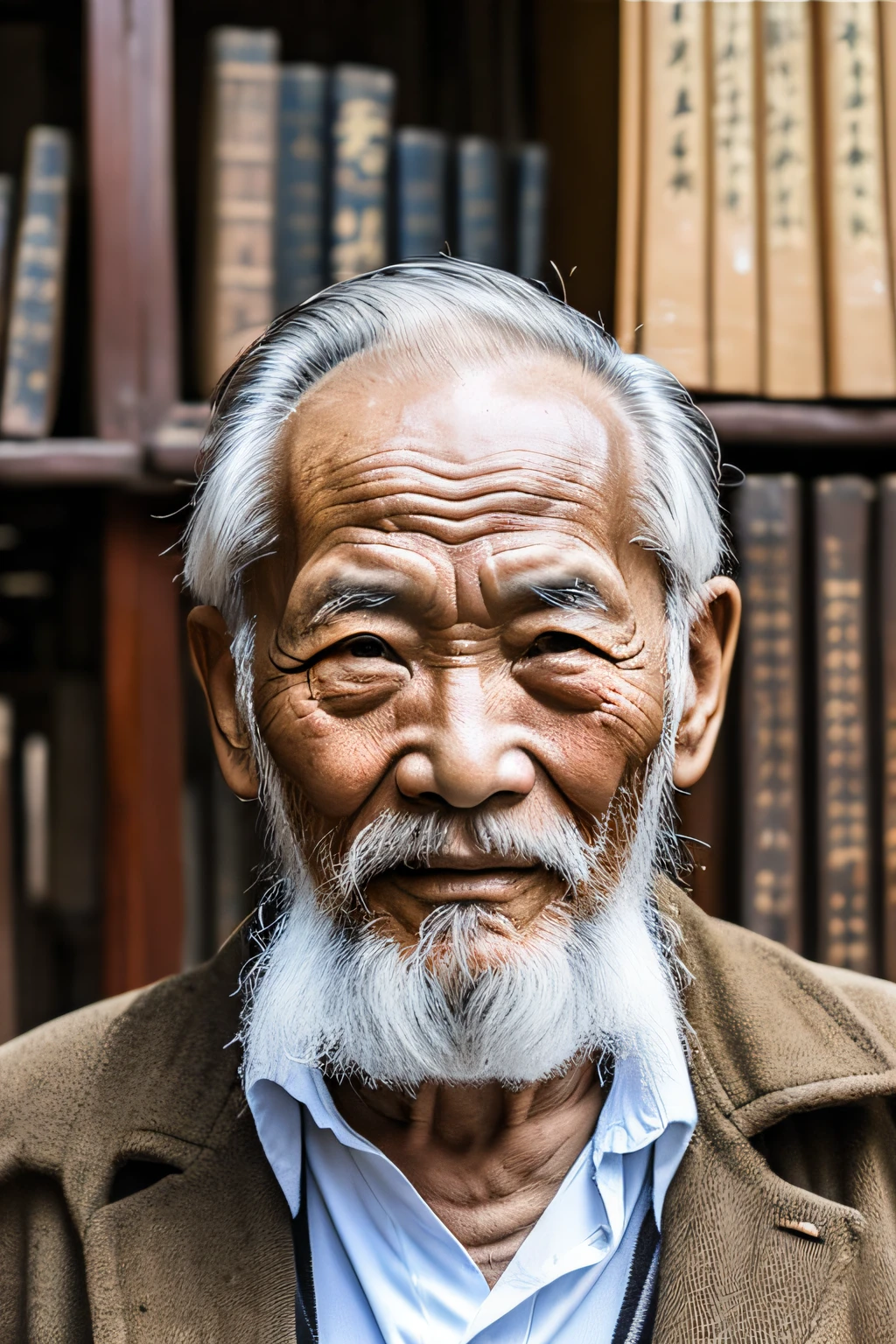 An old man with traditional Chinese thinking,Real frontal photos,Authentic background,The background is nature,holding books,worn-out clothing,Face full of wrinkles,80 years old Chinese medicine practitioner,Wise eyes,The beard is white,male people,country style,Leave the top of your head empty