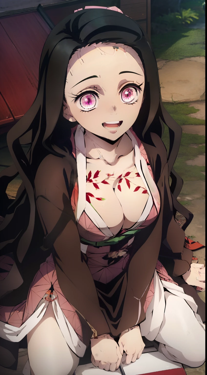 ultra sharp image, Beautiful figure, sexypose, Sits, ultra detail face, Ultra Transparent, Nezuko Kamado from Demon Slayer, ultra sharp image, Ultra Beautiful, beautiful breasts. black hair, Transition to red, Japanese bath, Beautiful figure, taut clothes, black cape on pink kimano, big breastes, Smiling, green colored eyes, handsome body, sexy clothes, Beautiful eyes, very detailed eyes, Very detailed face, handsome body, Cherecter Desing, Sex position, Very detailed, Detailed body, Detailed hands, Detailed, Vibrants, Detailed Face, sharp-focus, WLOP, artgerm, anime art, Vibrants, Detailed Face, Hugh Details, sharp-focus, Very drooping face, A detailed eye, super fine illustration, better shadow, finely detail, Beautiful detail