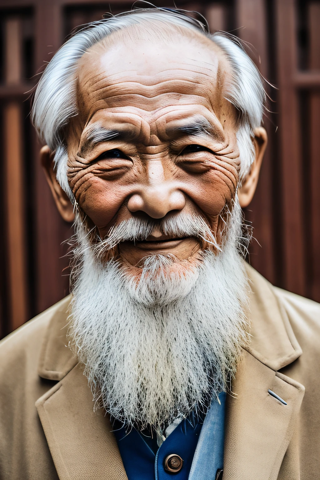 An old man with traditional Chinese thinking，Real frontal photos，Authentic background，The background is nature，holding books，worn-out clothing，Face full of wrinkles，80 years old Chinese medicine practitioner，Wise eyes，The beard is white，male people，country style，Leave the top of your head empty
