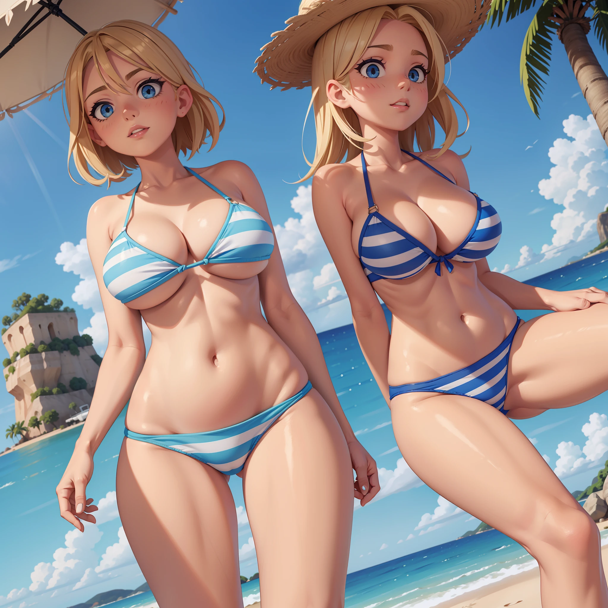 (1fille), Blue striped bikini, cheveux blonds et long, yeux bleus, (huge breasts), from below:1.2, Visage surpris, rougissant, glissement du mamelon.skindentation