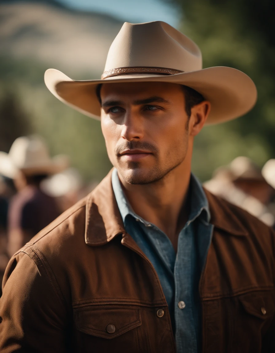 movie portrait, ((Upper body)), Facing the audience, (reality :1.3), The most beautiful artwork photos in the world, Man looks at camera, Vintage denim outfits, Western Cowboy, Detailed beautiful face, action SHOT, (Convoluted :1.4), Western background, photos realistic, In the daytime, nffsw, art stand