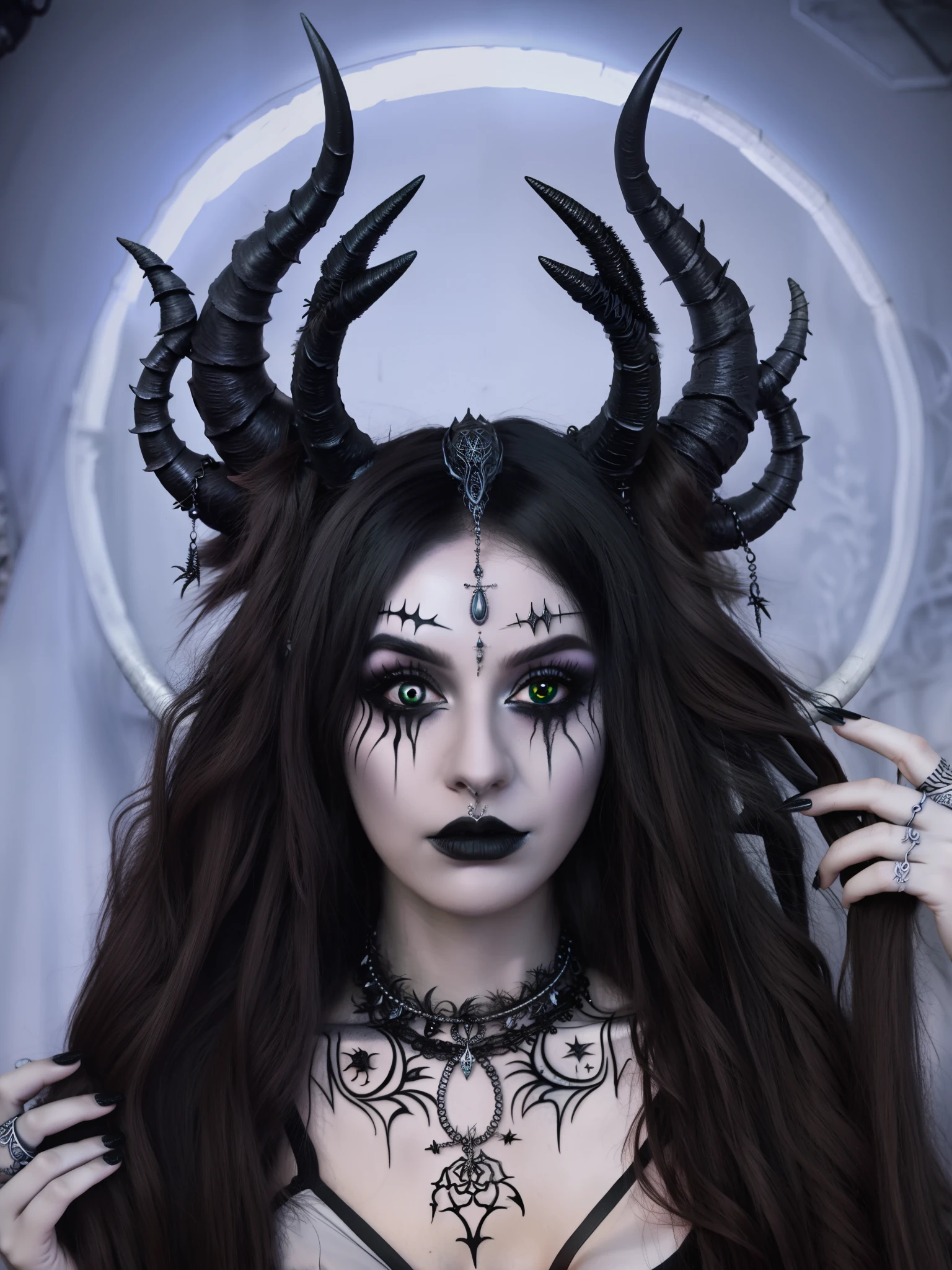 witch in horned headdress, in the style of deathcore, trapped emotions depicted, metalwork jewelry, tenebrism mastery, iconic