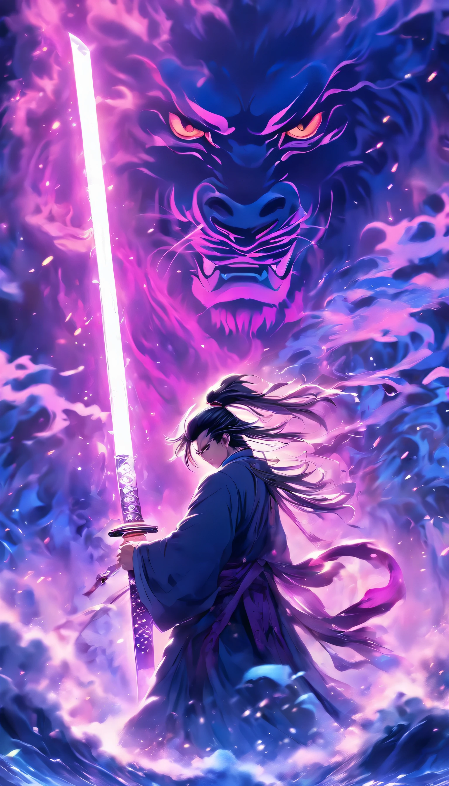 China-style,中景 the scene is,The Taoist priest stood in front of a huge transparent Chinese sword,Stretch your hands,Long messy hair,Glow effects,Hyper-realistic,Ultra photo realsisim,Chinese black and white ink style,The purple,Decolorization,Smudge,ink,8K,super-fine,high qulity,OC renderer