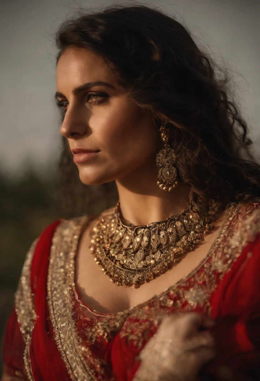 Gypsy woman with green eyes, black hair, White blouse with gold medals and red skirt with ruffles, Shell necklaces.
