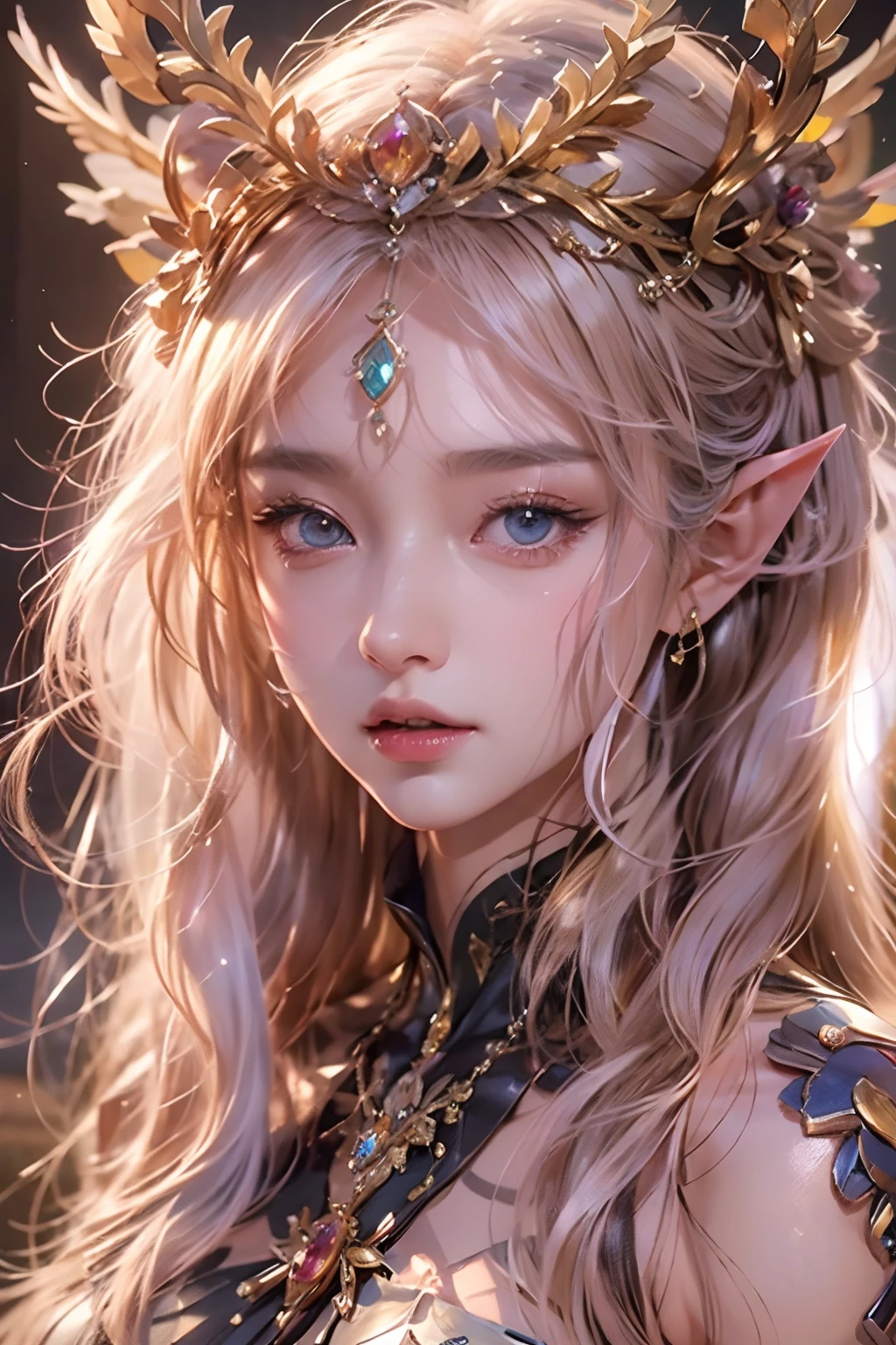 golden，3D Rendering Character Art 8K，a beautiful fantasy empress，8K high quality detailed art，beautiful and elegant elf queen，photorealistic anime girl rendering，（（a beautiful fantasy empress））， Smooth anime CG art， beautiful elven princess， 3d anime realistic， 8K portrait rendering