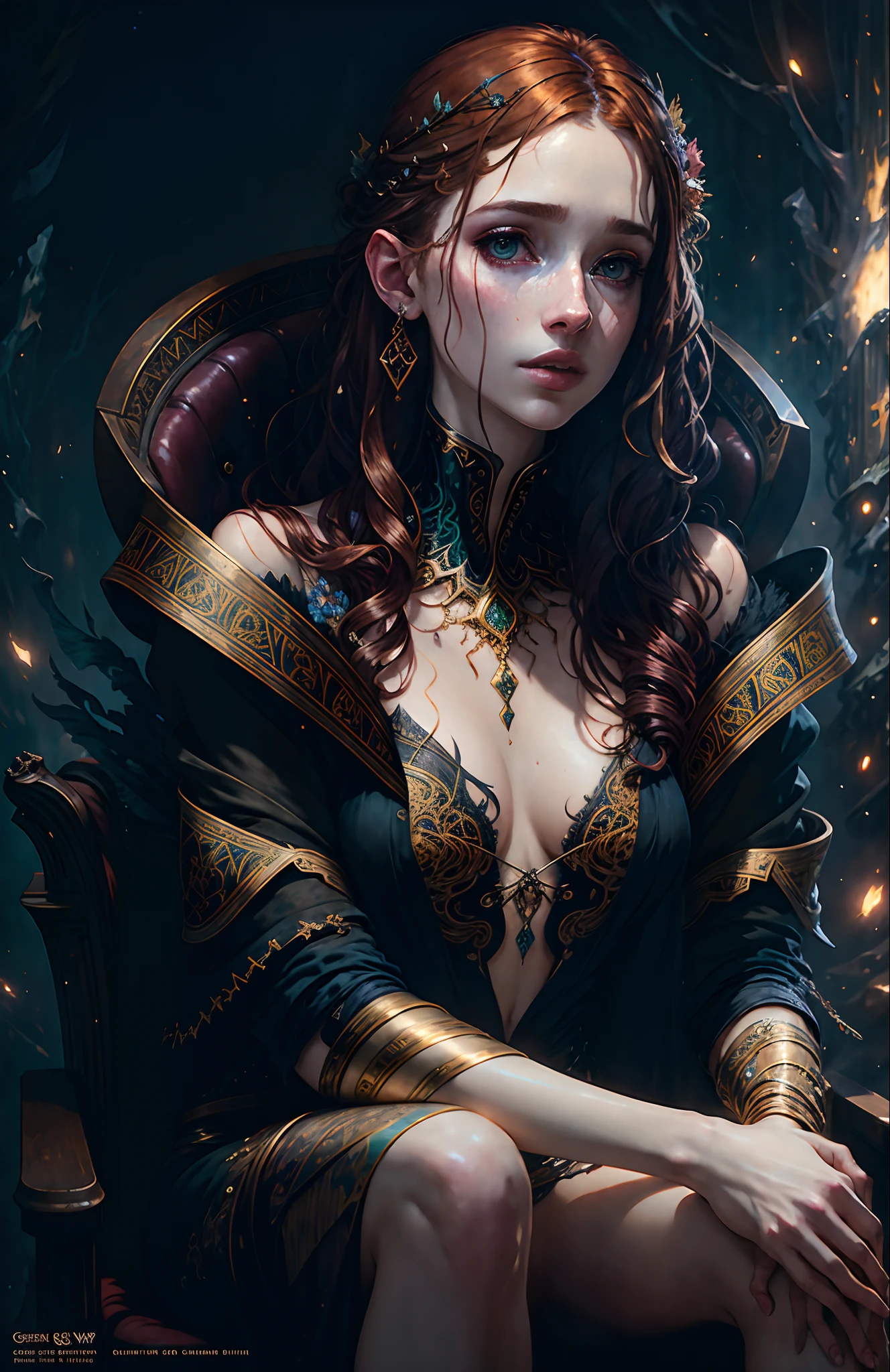 Emily Rudd is a vampire queen, redhead, sitting in a throne, pale skin, messy hair, Full body, Beautiful anime waifu style girl,hyperdetailed painting, luminism, art by Carne Griffiths and Wadim Kashin concept art, dark background, abstract beauty, approaching perfection, pure form, golden ratio, minimalistic, dark atmosphere, unfinished, concept art, by Brian Froud and Carne Griffiths and Wadim Kashin and John William Waterhouse, intricate details, 8k post production, high resolution, hyperdetailed, trending on artstation, sharp focus, studio photo, intricate details, highly detailed, by greg rutkowski