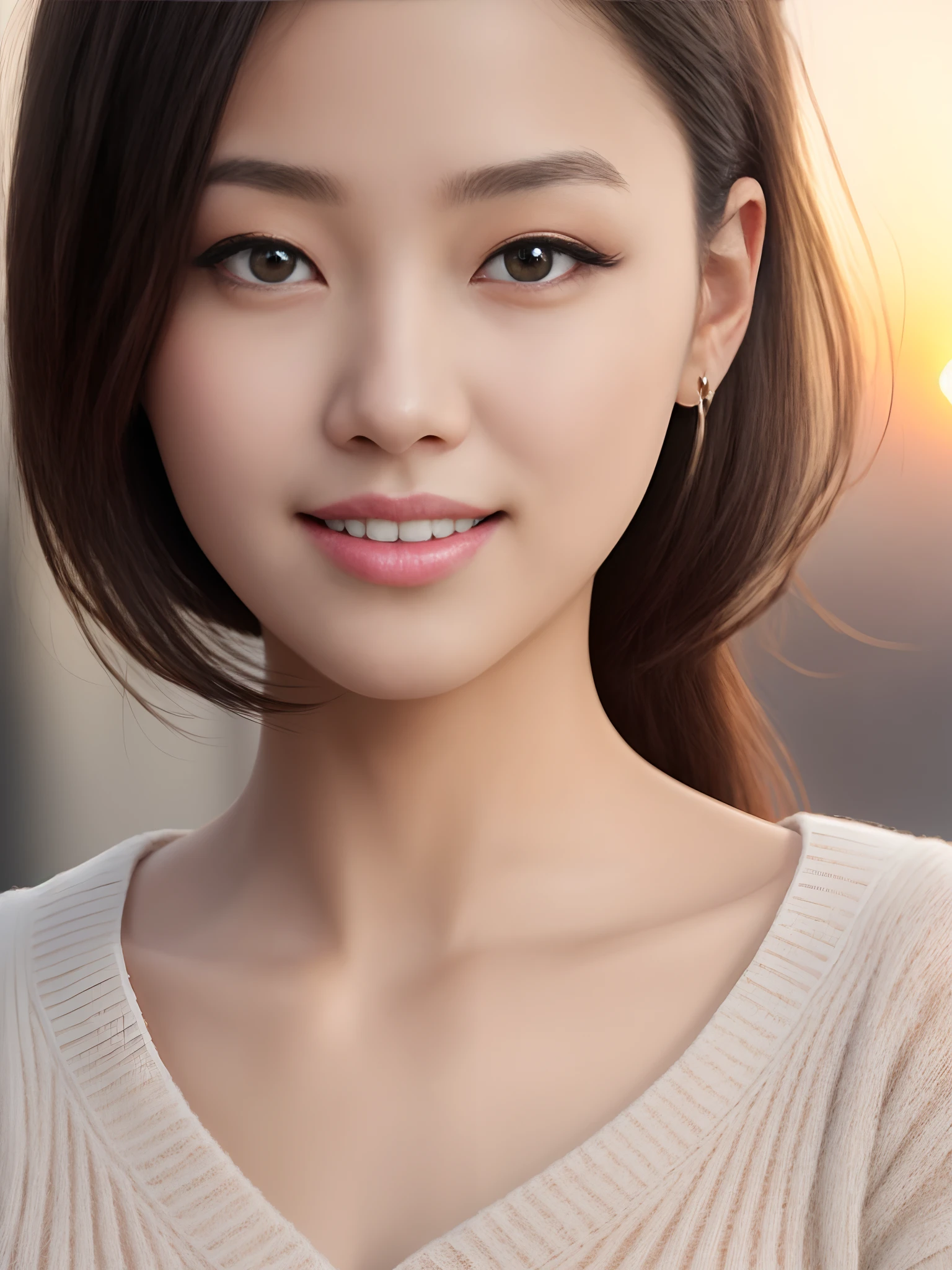 Best Quality, Ultra High Definition, (Photorealistic:1.4),Sunset Light, Ponytail, Korean Women, Detailed Photo, Smiling, Sexy, Black Shirt, Facing Camera, Close-up (Masterpiece: 1.3), (8K, Photorealistic, Best Quality: 1.4), (1girl), Beautiful Face, (Realistic Face), (Black Hair, Short Hair: 1.3), Beautiful Hairstyle, Realistic eyes, beautiful detail eyes, (realistic skin), beautiful skin, (sweater), absurd, attractive, ultra high resolution, ultra realistic, high definition, golden ratio