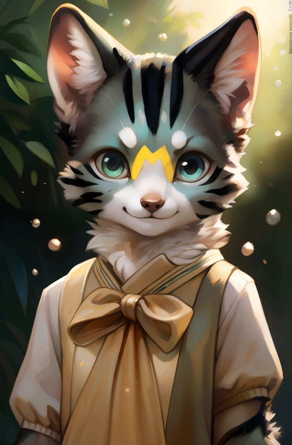 by Kenket, by totesfleisch8, (by thebigslick, author:Silver Fox 5213:0.8), (By Syuro:0.2), (by Qupostuv35:1.2), Depth of field, Perfect lighting, Light particles, puff_Sam,1girll, Furry, Masterpiece, Best quality, Solo, fur, (Detailed eyes), ojou-sama pose, waterfallr, angle of view, Dusk, cropped arms, china dress, a cat tail, Upper body,grey tabby cat