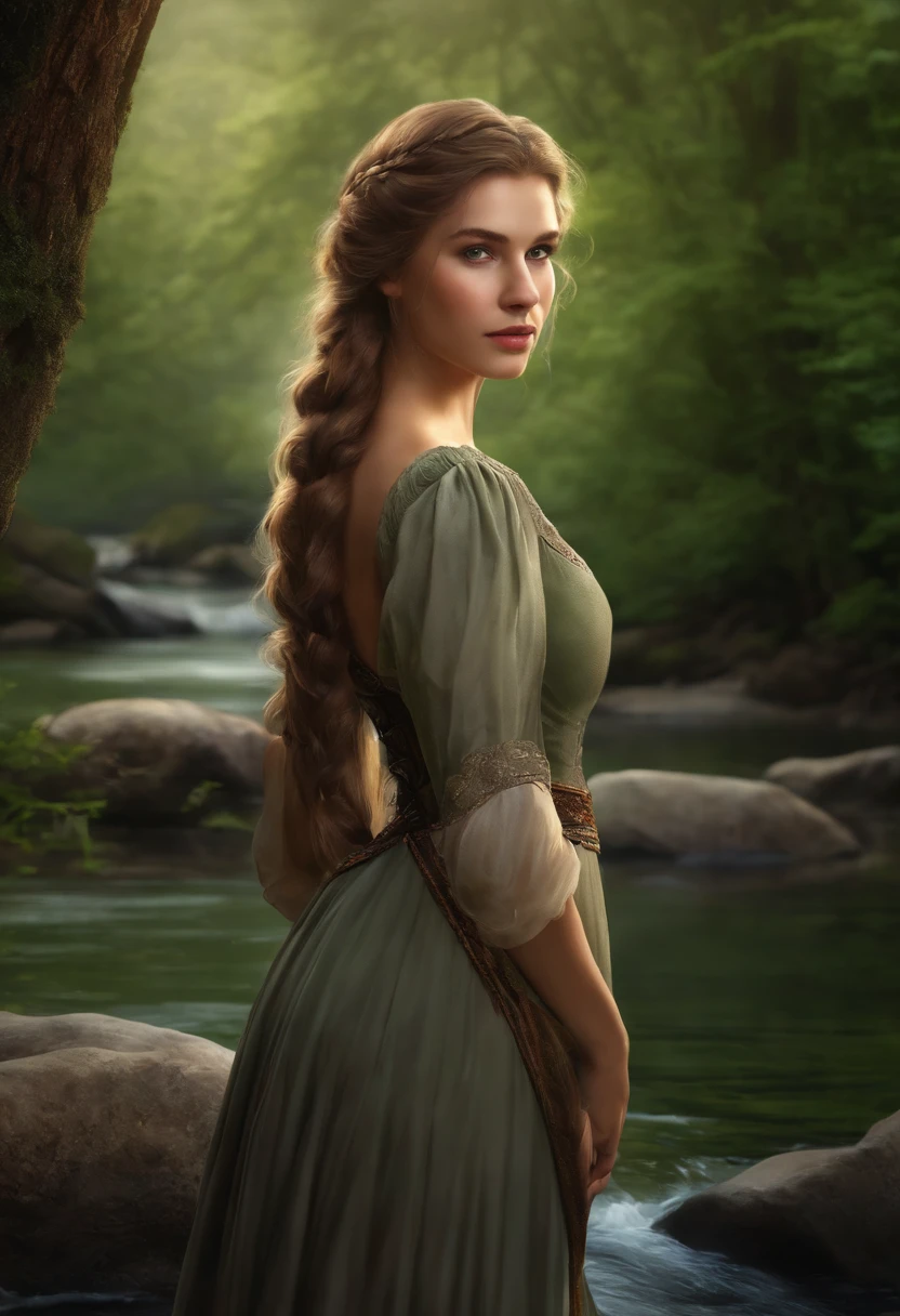 1 girl, age 19, light brown hair in a braid on one side, green eyes, colossal breasts, big neckline, wearing a medieval dress, standing by a river that flows through the forest, photorealistic, high detail, beautiful face, cute
