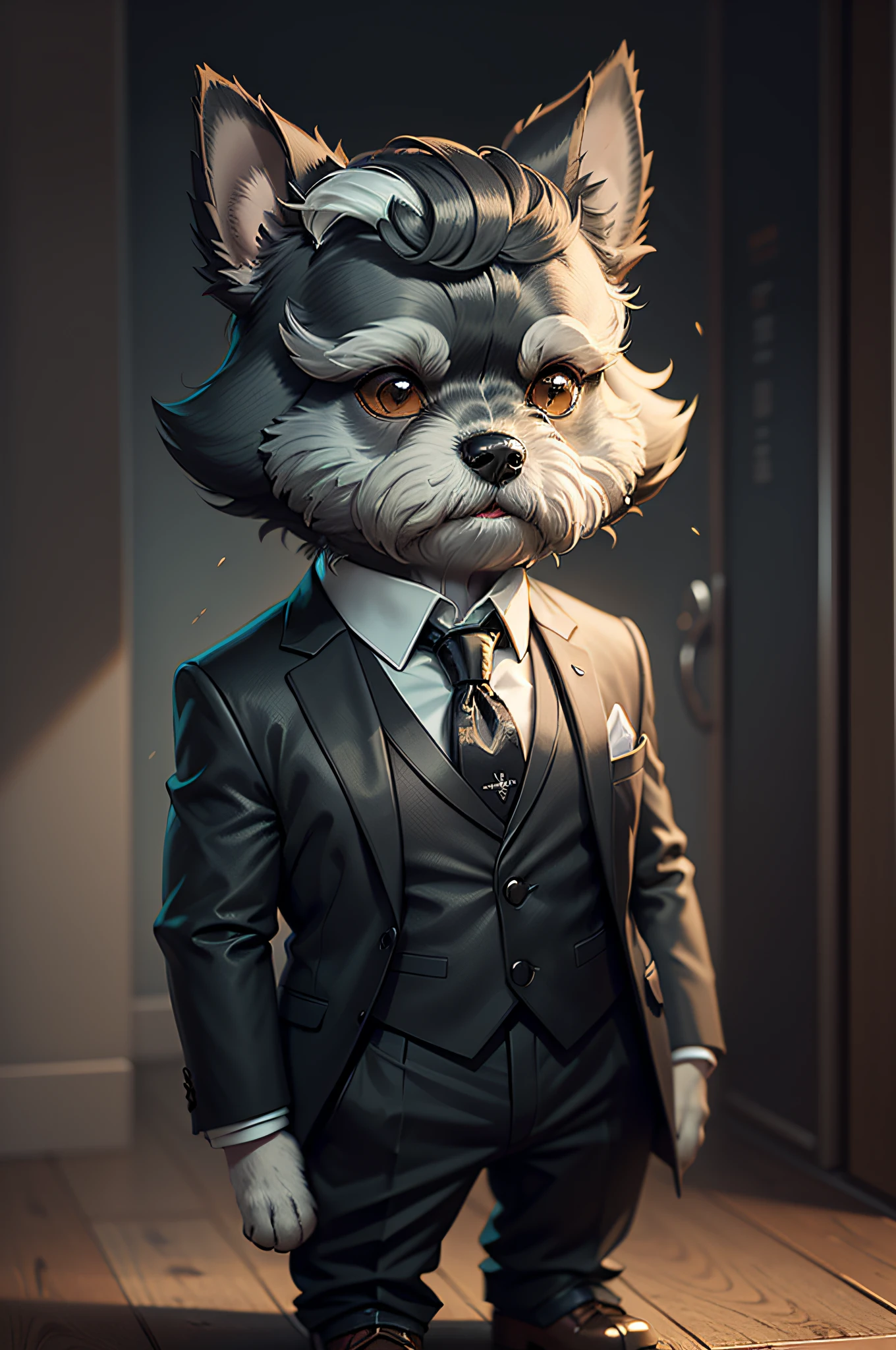 (Man in black suit and tie)Cartoon Anthropomorphic Miniature Schnauzer Dog