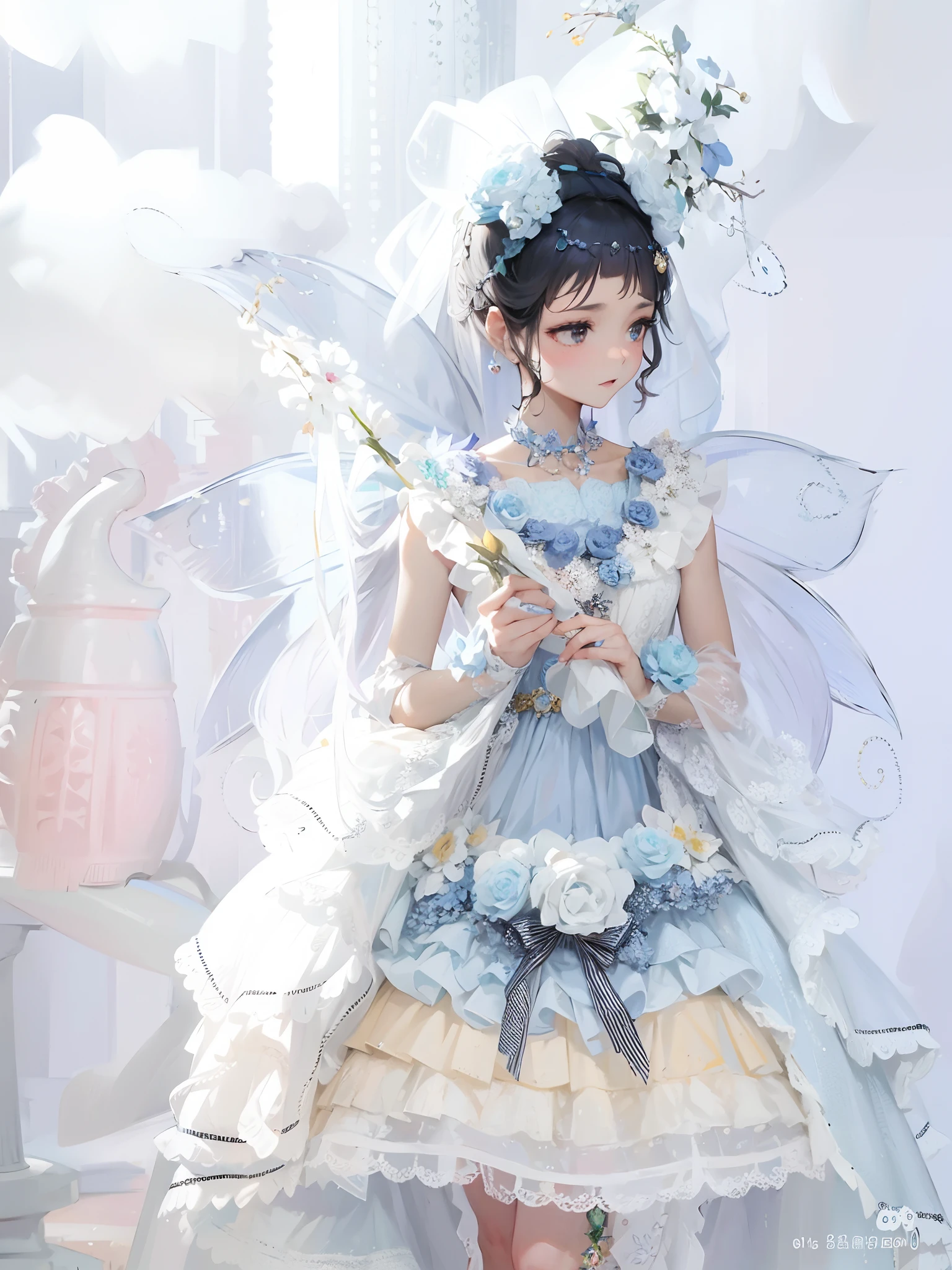 Alafi wore a blue and white dress，Wearing a flower crown on his head, fairy core, Rococo dress, rococo queen, # Rococo, ethereal fairytale, ecopunk rococo, rococo cyberpunk, dreamy and detailed, Dreamy, dreamy dress, Ethereal fantasy, Fairy, style of magical girl, Rococo, Dreamy style, angelic pretty, Loli, shaxi