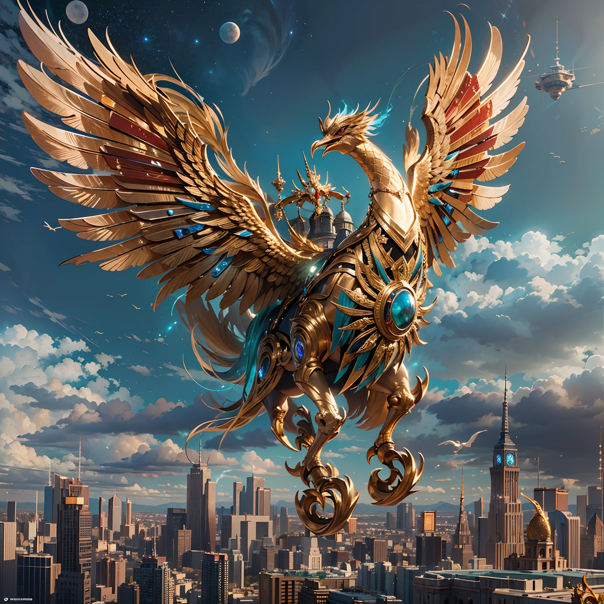 in a panoramic view,photorealestic,A giant golden mechanical phoenix flying in space,The modular composition of the whole body gold machinery,Gold and precious metal casting,blue gem eyes,The tail is a red gem,It features charming Ottoman decorative motifs,Set with luxurious gemstones in a variety of colors,High-tech wings,Tail bomb propulsion,Decorated with diamonds,The huge wings are densely covered with extravagant ornaments,Huge mechanical phoenix,Fly over the galactic starry sky,There are fighters around,Perfectcomposition,the detail,The light and shadow work best,HighestQuali,This CG-rendered realistic painting gives a grand scene and visual impact,Let the viewer feel a wonderful and magnificent sci-fi world。Epic,detail-rich,It forms a spectacular sight,Use Pixai to bring powerful AI models to life, Show the limitless creativity and possibilities of our imagination. Experience the future of the cityscape at Pixai,Immerse yourself in a visionary world of art,the detail, Masterpiece, Best quality, 8K, (Oily skin, cell-shaded:1.3), line art in colour, (The art of Maciej Cuciara:1.15), art of greg rutkowski,Intricate details, finetextures, Surreal,Perfectcomposition,A detailed,Cinematic texture,realisticlying,photorealestic,HighestQuali,,Version tone mapping, highly detailed, Smoothness, Sharp focus, Beautiful illustration, Epic effect,photore, The light from the back window is backlighted, 动态照明, Mist, 复杂, filmgrain, professinal,,Volumetriclighting, subsurfacescattering, Good highlights, Good shadows, cinematic ligh,Beautiful studio soft light,rim-light,ellegance,beatiful background,rendering by octane,HR Giger style,8K,top Quority,tmasterpiece,illustratio,smooth and beautiful,highly detailed,CG wallpaper,(realisticlying,Fidelity:1.37),outstanding,Exquisite details,tmasterpiece