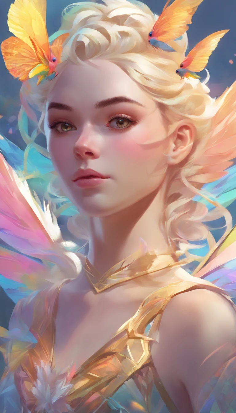 (((Masterpiece))), (((Best quality))), ((Ultra-detailed)),(Highly detailed CG illustration), ((An extremely delicate and beautiful)),yellow eyes, Cinematic light, stunning fantasy artwork. mythological fantasy and fairy tale fantasy, fantastic rainbow accent. ((Use the pastel as the main color scheme.)) delicate but strong petite character,aura of mystery and magic, (Beautiful translucent rainbow wings). intricate facial features, captivating eyes with bright colors and bold shadows. The character's clothes should be designed with gossamer feathers, Silk, Amazing embroidery, and subtle iridescent details. Dreamy colors, Dynamic lighting, and detailed background elements,colorful flying magical birds and jewel-hued rainbow butterflies that exude magical halos. Consider the latest trends in fantasy art, such as incorporating unique lighting effects, Explore dynamic and compelling compositional techniques