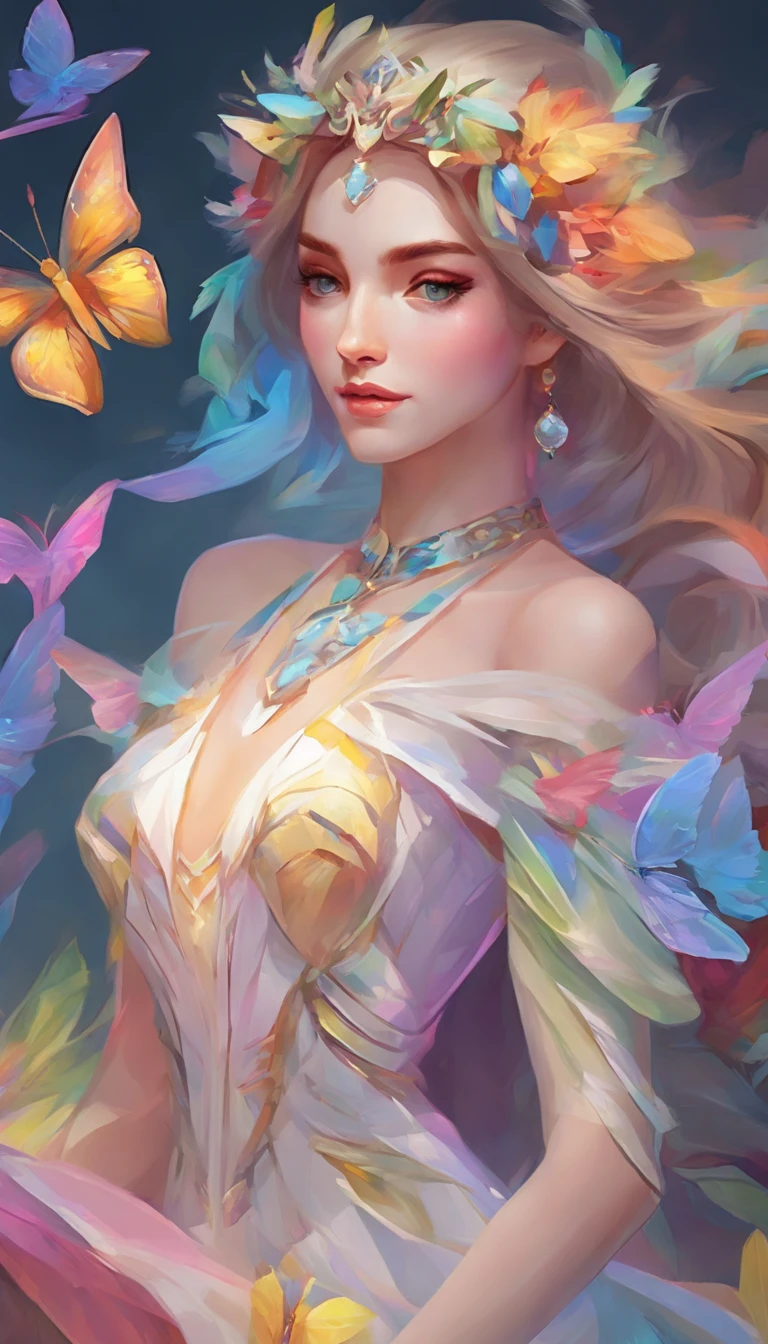 (((Masterpiece))), (((Best quality))), ((Ultra-detailed)),(Highly detailed CG illustration), ((An extremely delicate and beautiful)),yellow eyes, Cinematic light, stunning fantasy artwork. mythological fantasy and fairy tale fantasy, fantastic rainbow accent. ((Use the pastel as the main color scheme.)) delicate but strong petite character,aura of mystery and magic, (Beautiful translucent rainbow wings). intricate facial features, captivating eyes with bright colors and bold shadows. The character's clothes should be designed with gossamer feathers, Silk, Amazing embroidery, and subtle iridescent details. Dreamy colors, Dynamic lighting, and detailed background elements,colorful flying magical birds and jewel-hued rainbow butterflies that exude magical halos. Consider the latest trends in fantasy art, such as incorporating unique lighting effects, Explore dynamic and compelling compositional techniques