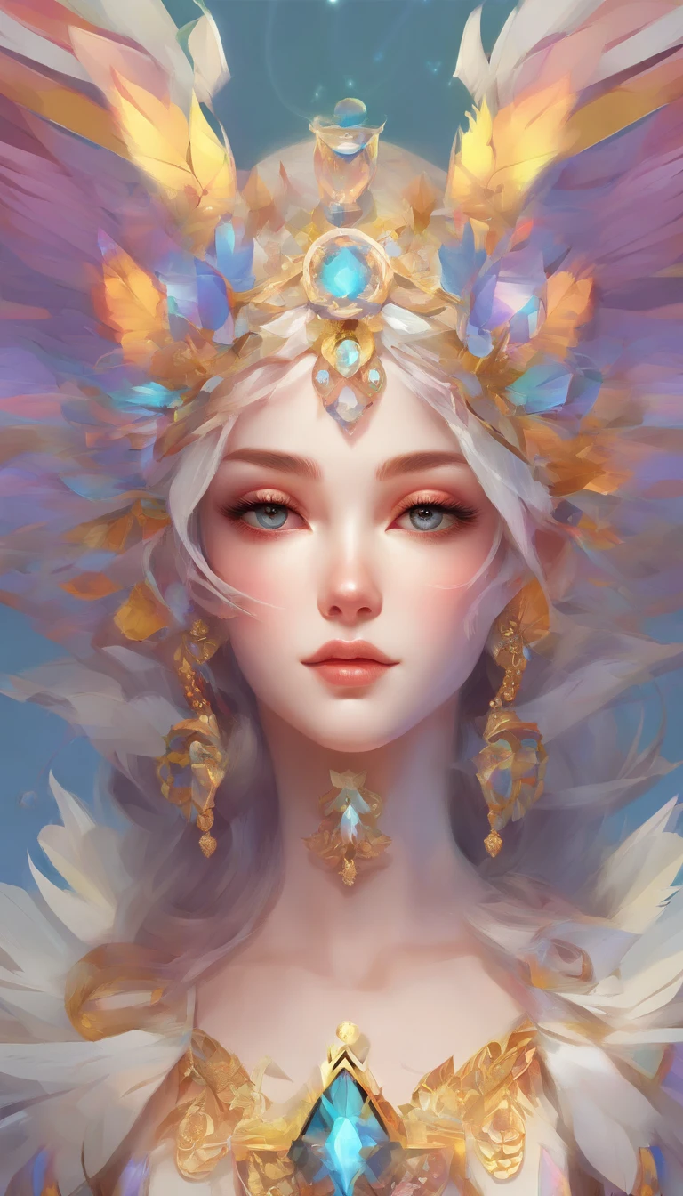 (((Masterpiece))), (((Best quality))), ((Ultra-detailed)),(Highly detailed CG illustration), ((An extremely delicate and beautiful)),yellow eyes, Cinematic light, stunning fantasy artwork. mythological fantasy and fairy tale fantasy, fantastic rainbow accent. ((Use the pastel as the main color scheme.)) delicate but strong petite character,aura of mystery and magic, (Beautiful translucent rainbow wings). intricate facial features, captivating eyes with bright colors and bold shadows. The character's clothes should be designed with gossamer feathers, Silk, Amazing embroidery, and subtle iridescent details. Dreamy colors, Dynamic lighting, and detailed background elements,colorful flying magical birds and jewel-hued rainbow butterflies that exude magical halos. Consider the latest trends in fantasy art, such as incorporating unique lighting effects, Explore dynamic and compelling compositional techniques