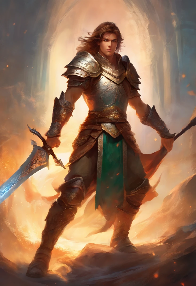 Young Warrior with brown hair, big sword in hand, defend Hungary against scary demons