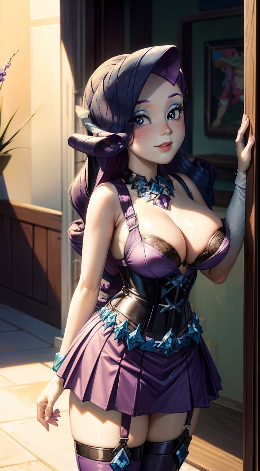 rarity (My little pony), extreme detail, (masterpiece), (best quality), (8k, RAW photo, best quality, masterpiece: 1.2, full body portrait), (realistic, photorealistic: 1.37), 1 girl, ultra high quality, solo focus, nsfw, seductive, best lighting, bedroom, blushing, smile, lipstick, ((breasts, underwear, solo)), makeup, lipstick, eyeshadow, cowboy shot, blush, shiny, simple background, parted lips, purple panties, standing, huge tits, purple corset, purple thigh highs, high heels, purple miniskirt