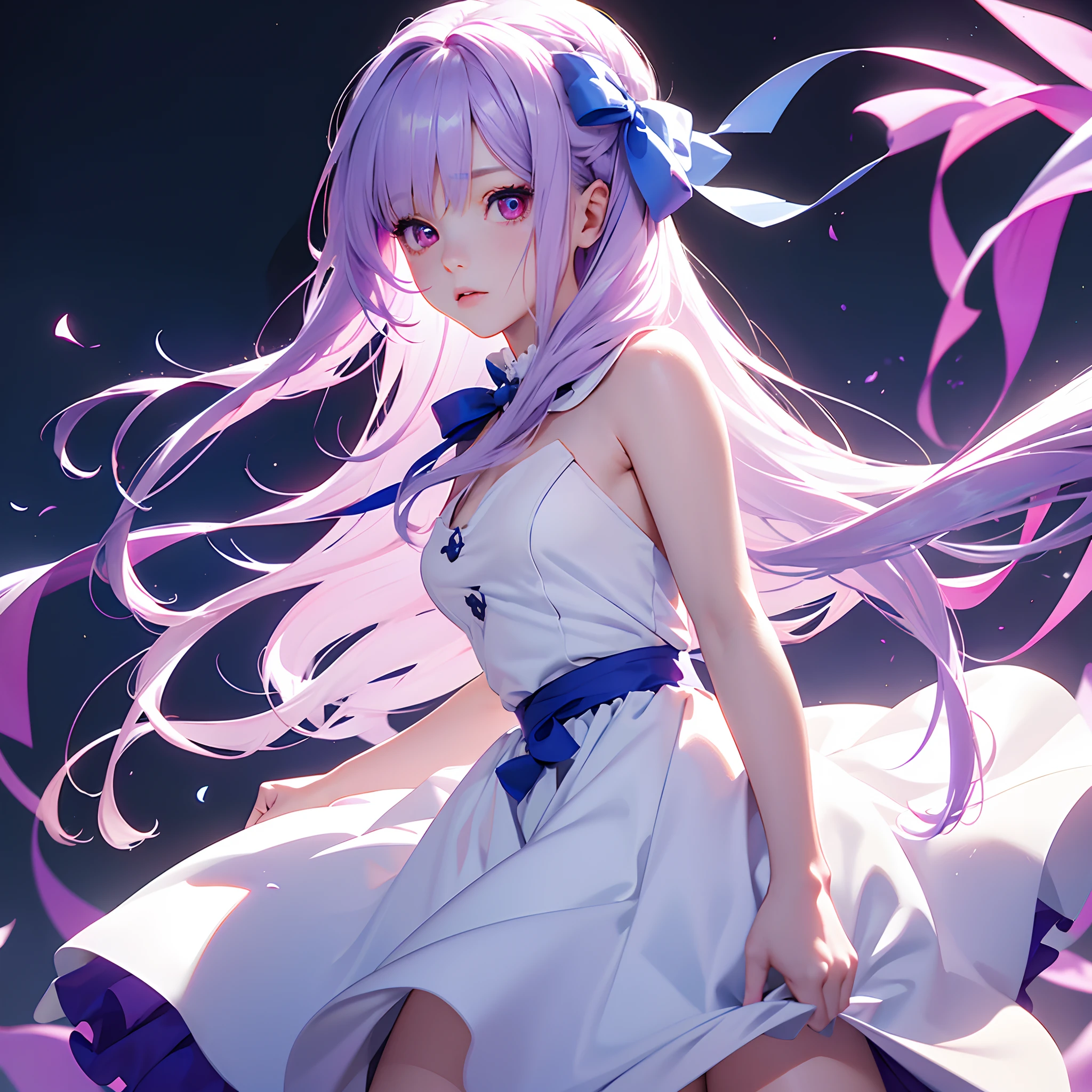 1girl,Albino, cute, purple hair, beautiful, long hair,red eyes, wearing a white and blue dress, hair with a ribbon, background Castel,((8k, UHD, ultra realistic))