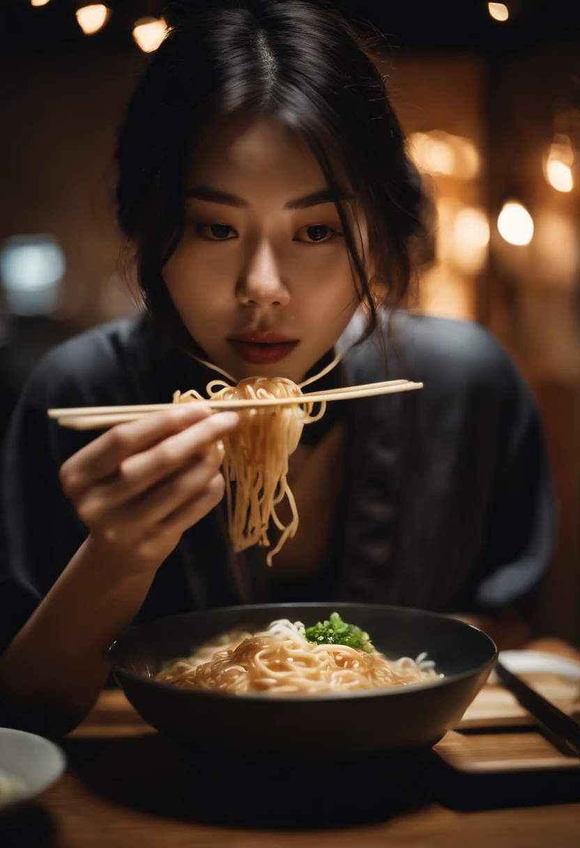 20-year-old Japan woman eating ramen looking very delicious