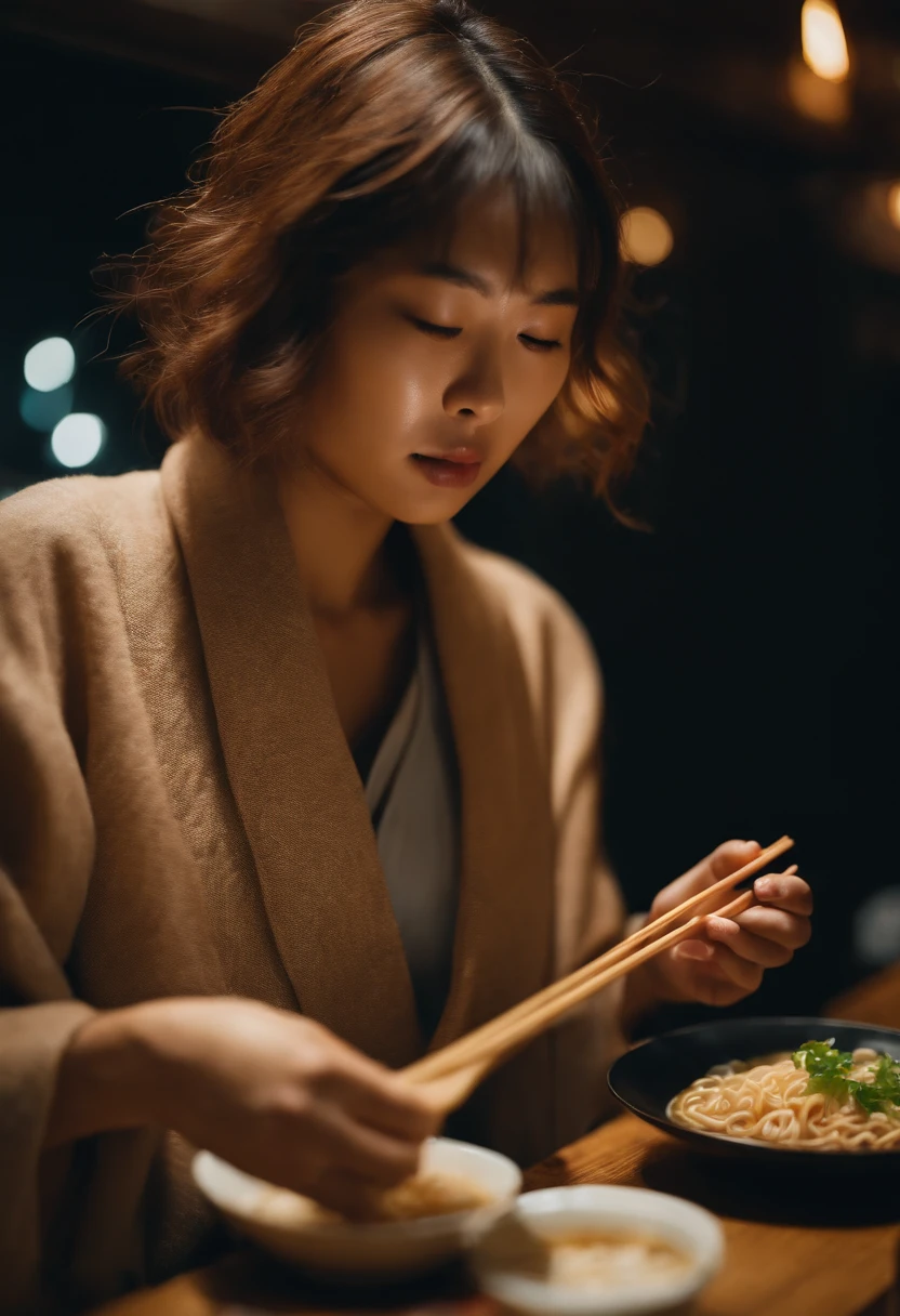 20-year-old Japan woman eating ramen looking very delicious