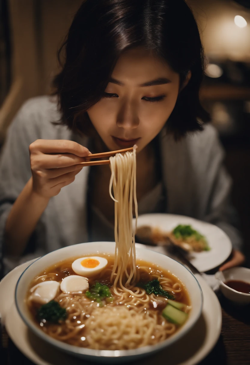 20-year-old Japan woman eating ramen looking very delicious