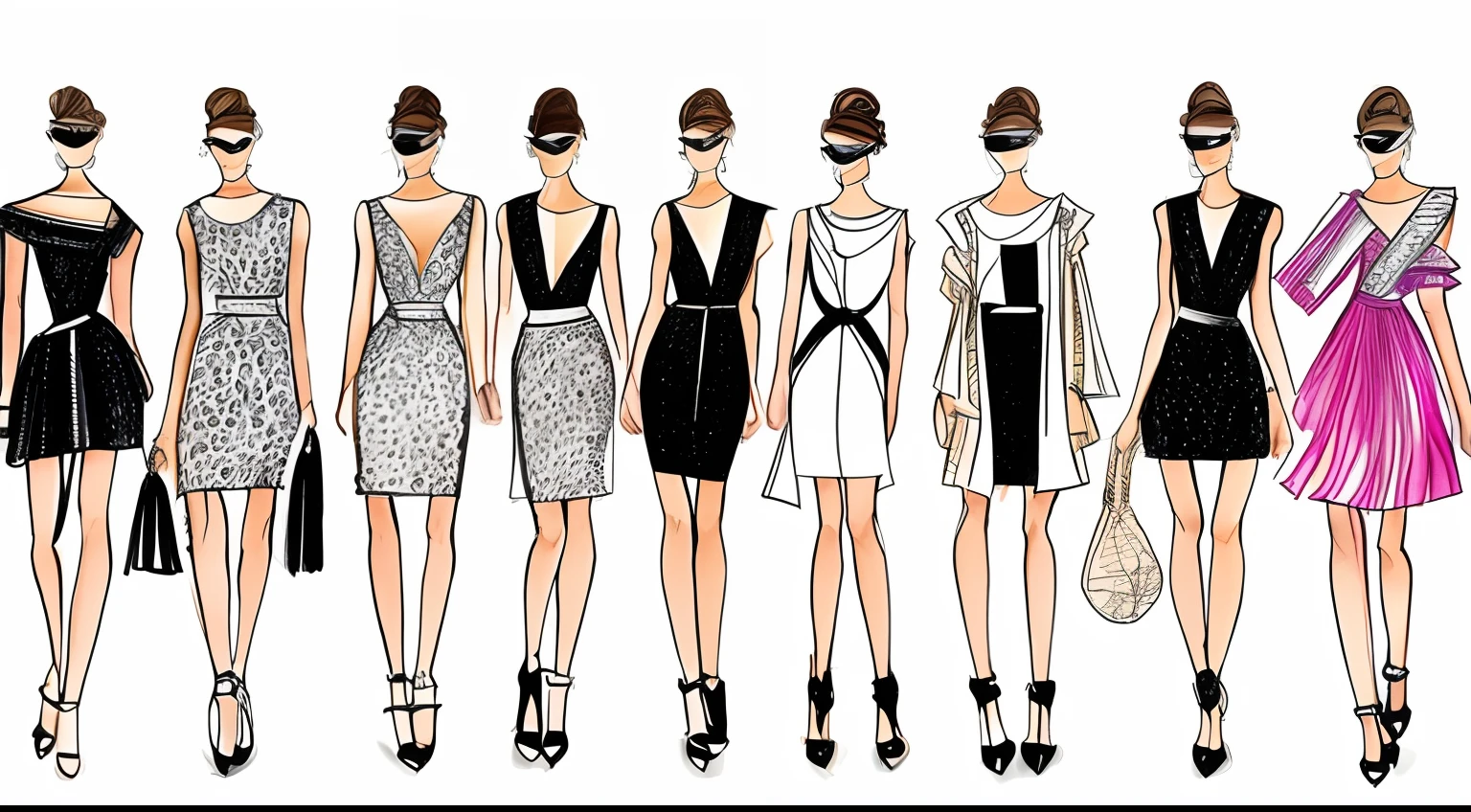 A group of 10 fashion model illustrations on a single page sketch only with modern cutline dress