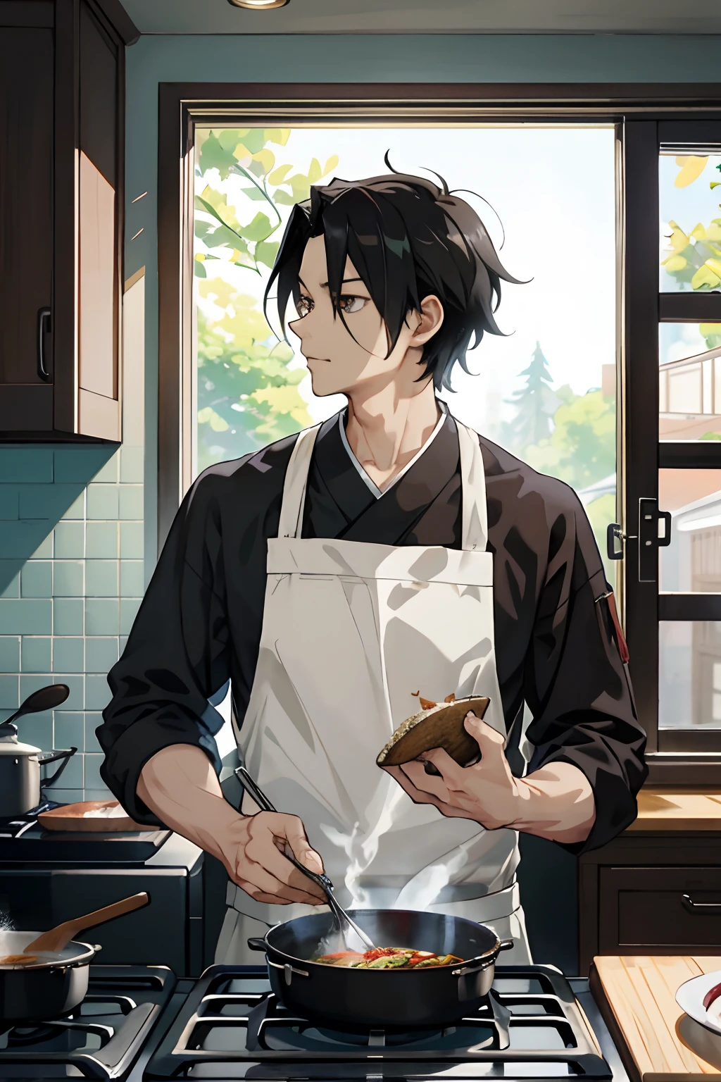 Masterpiece, best quality, tall muscular adult male, Sasuke handsome face and delicate eyes, intricate detail depiction, being in a cooking kitchen, flames bursting out of the oven, cooking action, profile pictures themed around anime food, ideas for the best chefs, cooking shows and official art, Tanjiro Kamado who breaks away from conventional cooking techniques, Anime Moe Art style of the popular epic anime style, with ❤️ , , 🍄 , 🔥 expressive 🌪 emojis.