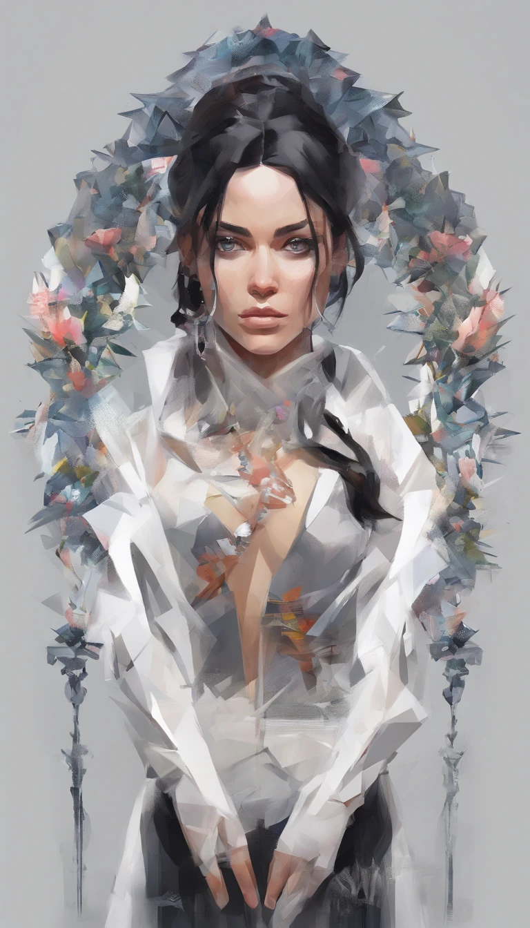 Perfect alignment, runes on jacket,crystals,tulip flower, black eyes, cheerfulness, long black hair, Standing position, Abstract beauty, Centered, Looking at the camera, Facing the camera, nearing perfection, Dynamic, Highly detailed, smooth, Sharp focus, 8K, high definition resolution, illustration, Art by Carne Griffiths and Wadim Kashin, White background