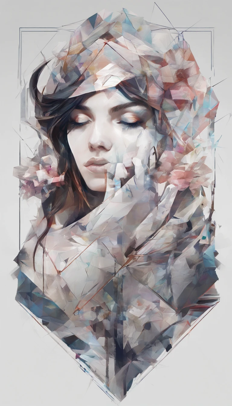 Perfect alignment, runes on jacket,crystals,tulip flower, black eyes, cheerfulness, long black hair, Standing position, Abstract beauty, Centered, Looking at the camera, Facing the camera, nearing perfection, Dynamic, Highly detailed, smooth, Sharp focus, 8K, high definition resolution, illustration, Art by Carne Griffiths and Wadim Kashin, White background