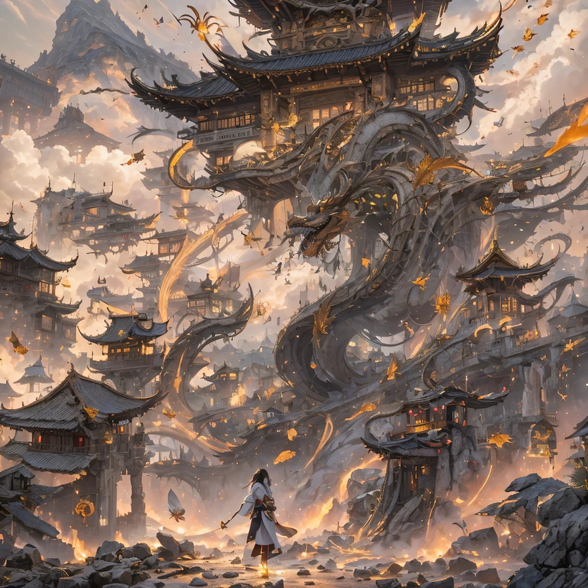 Fly into the fairy world, Chance encounter with Liu Hanshu, He saw in him his former self, It was decided to take him as an apprentice, Teach him how to protect himself, But because of the Tibetan star map, He established relationships with the Liu family and the Jade Sword Sect, It opens with the death of Liu Hanshu, Qin Yu embarked on the road of confrontation with a strong enemy, Working hard, Make yourself stronger, Stick to your own core path of justice, I also want to protect the people I care about, The three brothers took off, And embarked on a long journey to find a good brother, Qin Yu, Where are Xiao Hei and Hou Fei(dense fog)Climb the streets(Doomsday Stream)eyes filled with angry,He clenched his fists,Rush up,Deliver a fatal blow to your opponent,full bodyesbian,Full Body Male Mage 32K(Masterpiece Canyon Ultra HD)Long flowing black hair,Campsite size,zydink, The wounded lined up in the streets(canyons)Climb the streets, The scene of the explosion(canyons), (Linen batik scarf), Angry fighting stance, looking at the ground, Batik linen bandana, Chinese python pattern long-sleeved garment, canyons(Abstract propylene splash:1.2), Dark clouds lightning background,Sprinkle with gold dust(realisticlying:1.4),Black color hair,Flour fluttering,rainbow background, A high resolution, the detail, RAW photogr, Sharp Re, Nikon D850 Film Stock Photo by Jefferies Lee 4 Kodak Portra 400 Camera F1.6 shots, Rich colors, ultra-realistic vivid textures, Dramatic lighting, Unreal Engine Art Station Trend, cinestir 800,Flowing black hair,(((Jungle Canyon)))The wounded lined up in the streets(vale)Climb the streets,Movie master real-time image quality