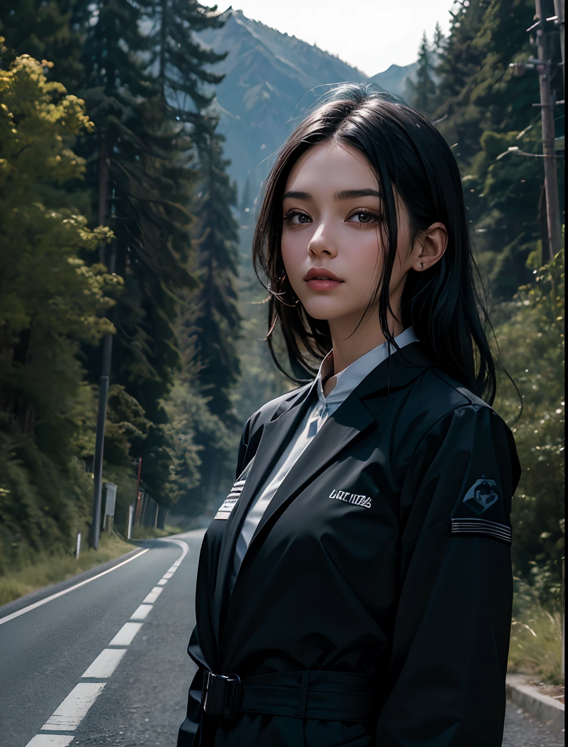 An image of a woman's face taken from the front with a camera.A beautiful woman in her mid-twenties. He has black hair that reaches down to his back. ((She is wearing a recruitment suit. The color of that suit is black.)) She is standing on a mountain road with green trees growing on both sides of the road. 8K image quality.