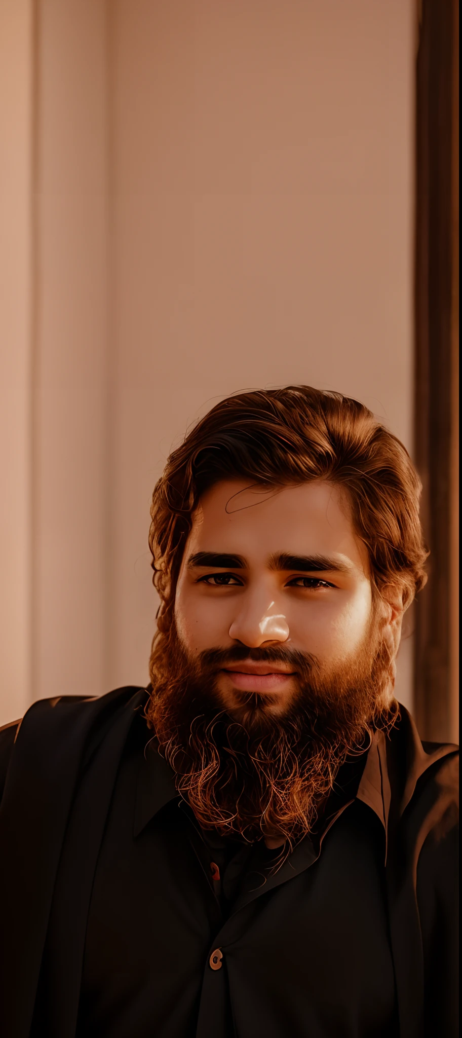 A young-looking man, good-looking, his face is like a shining star, his face is shining, the forehead is clear, the hair has receded from his forehead and thinned on both sides, the forehead is clear, the nose is long, the fineness of the ears, the color is an Arab color, and the body is an Israeli body, its color is white tinged with red, the face is full of beauty, Full body, good hair, curly hair, his hair flowing down to his shoulders, with open teeth, the light of his face is above the blackness of his beard and head, on his right cheek is a black mole, Beautiful black cloak.
