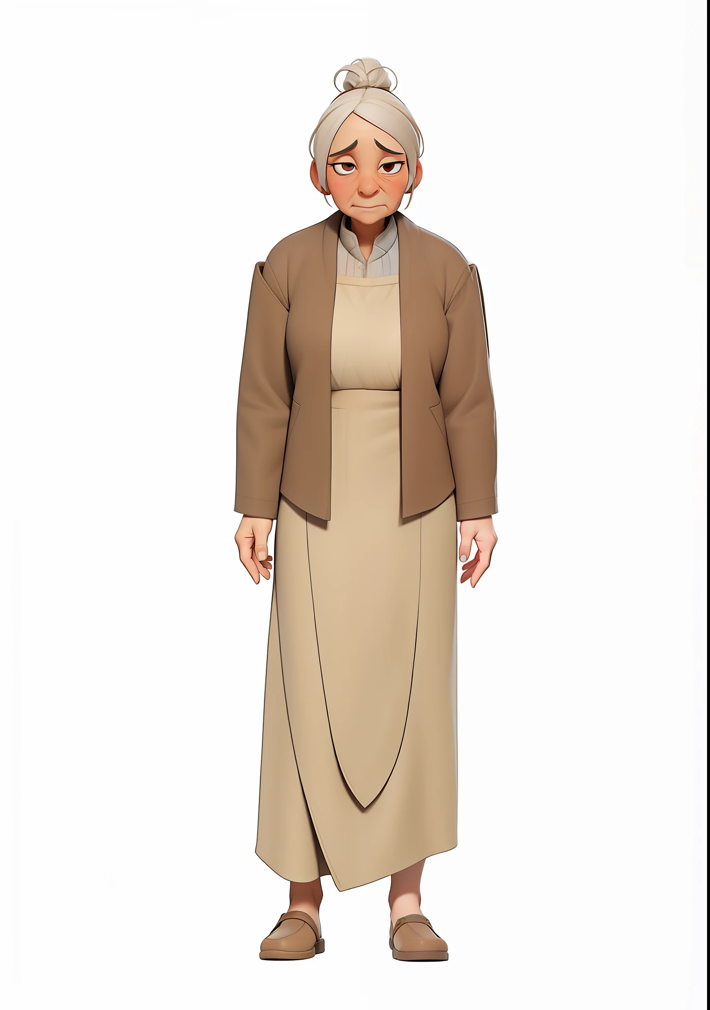 an old woman wearing brown clothes and a brown long-sleeved vest, white hair tied, wrinkled face with a tired expression, flat chested, not wearing a jacket, no tie, no shoes, thin, 3d style rendering, octane rendering, 3d cartoon, with ancient style, slave clothing style, medieval clothing style, white background,