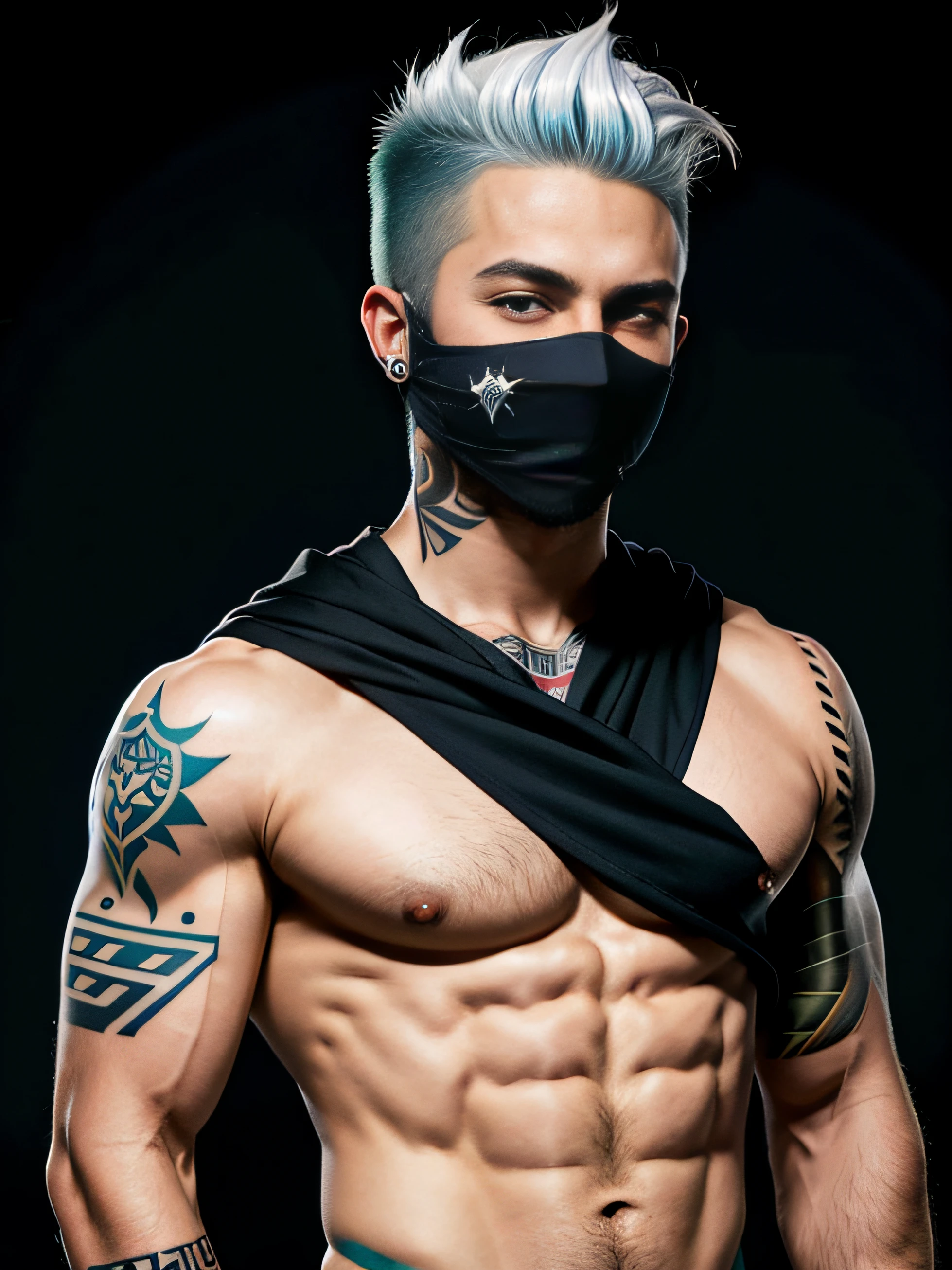 solid color backdrop,One person wears a ski mask(Without a hat),Handsome,rogue,Sense of oppression,Full body photo,Don't take a headshot,Punk head,Hair color is white,Upper body nudity,Tattooed with,Muscular,rule 34