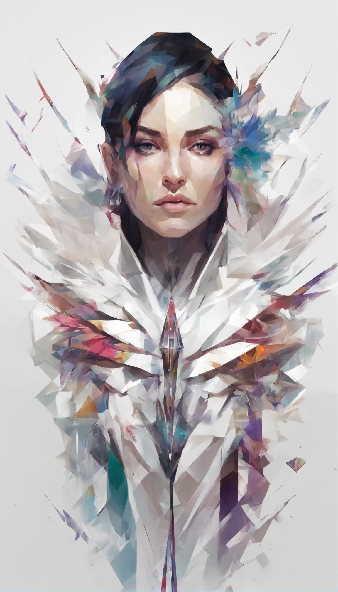 Perfect alignment, runes on jacket,crystals,tulip flower, black eyes, cheerfulness, long black hair, Standing position, Abstract beauty, Centered, Looking at the camera, Facing the camera, nearing perfection, Dynamic, Highly detailed, smooth, Sharp focus, 8K, high definition resolution, illustration, Art by Carne Griffiths and Wadim Kashin, White background