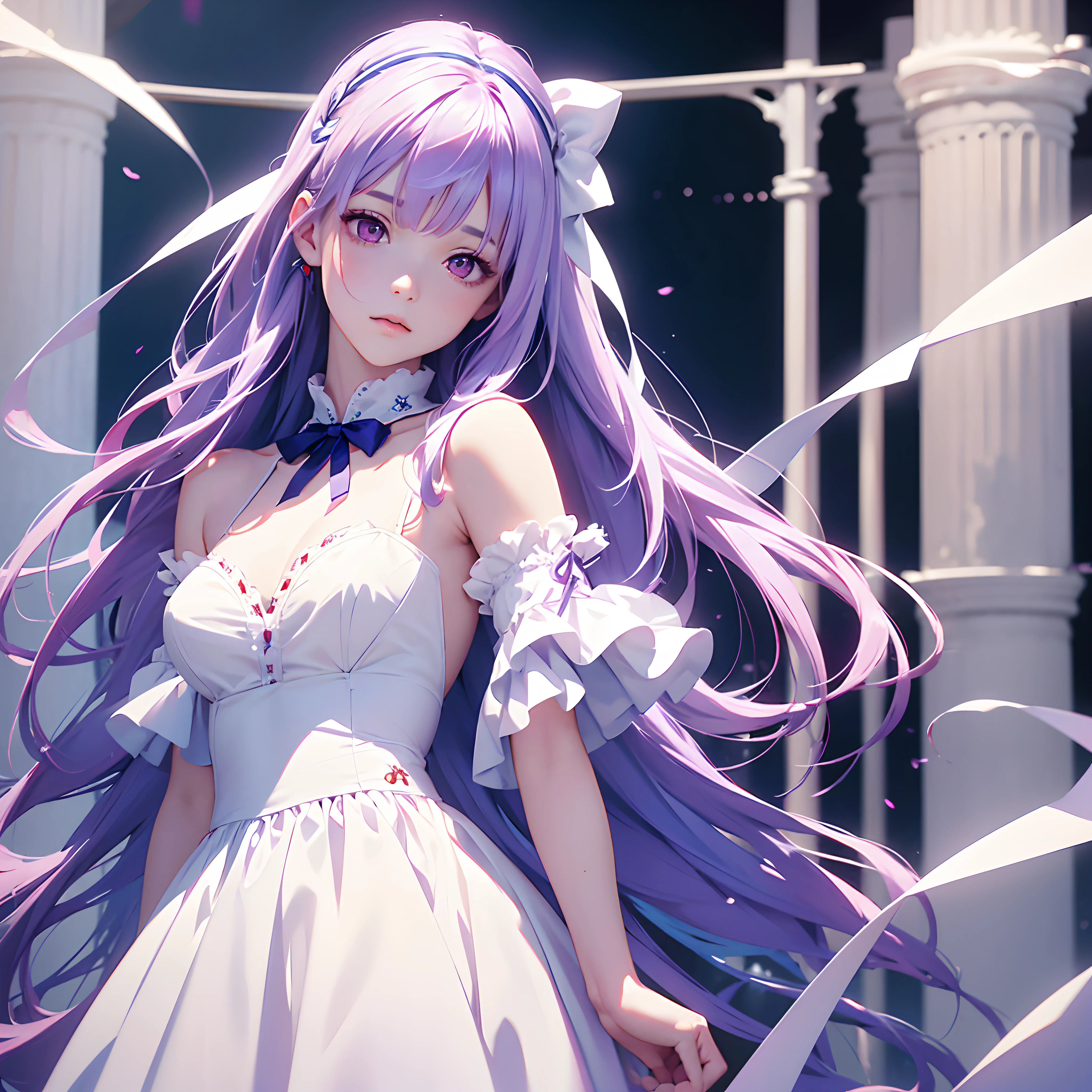 1girl,Albino, cute, purple hair, beautiful, long hair,red eyes, wearing a white and blue dress, hair with a ribbon, background Castel,((8k, UHD, ultra realistic))